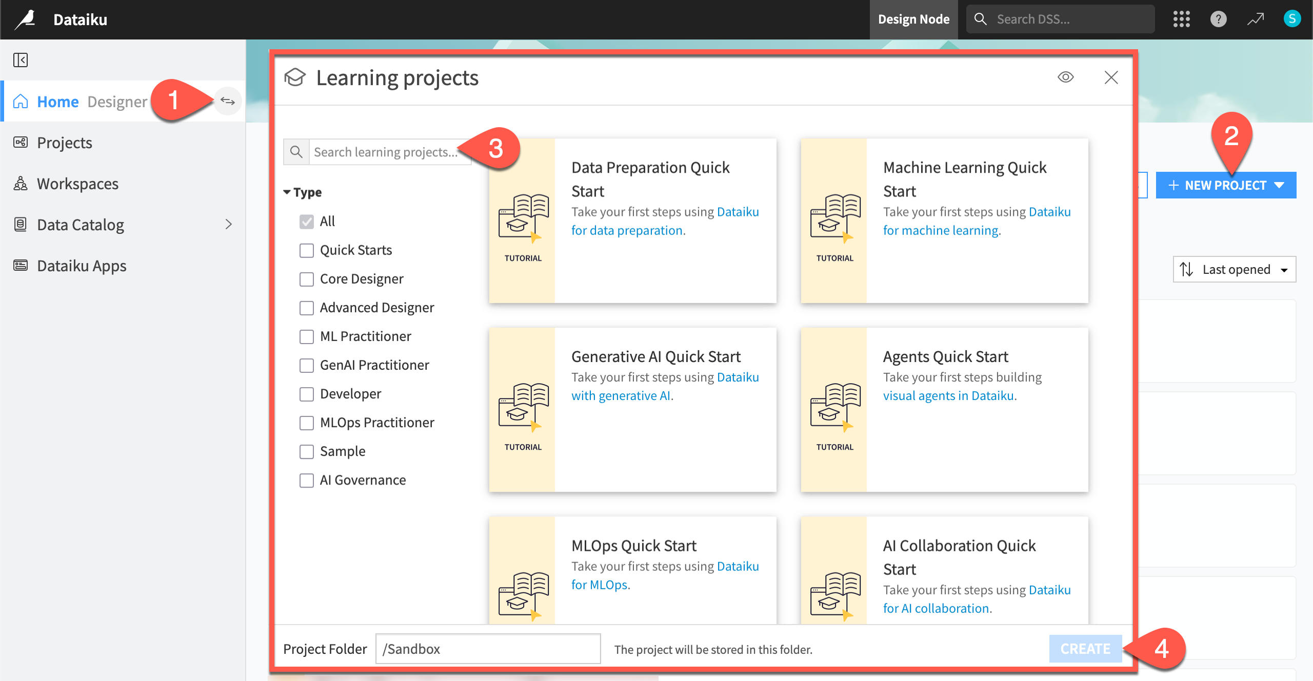 Dataiku screenshot of the dialog for creating a new project.