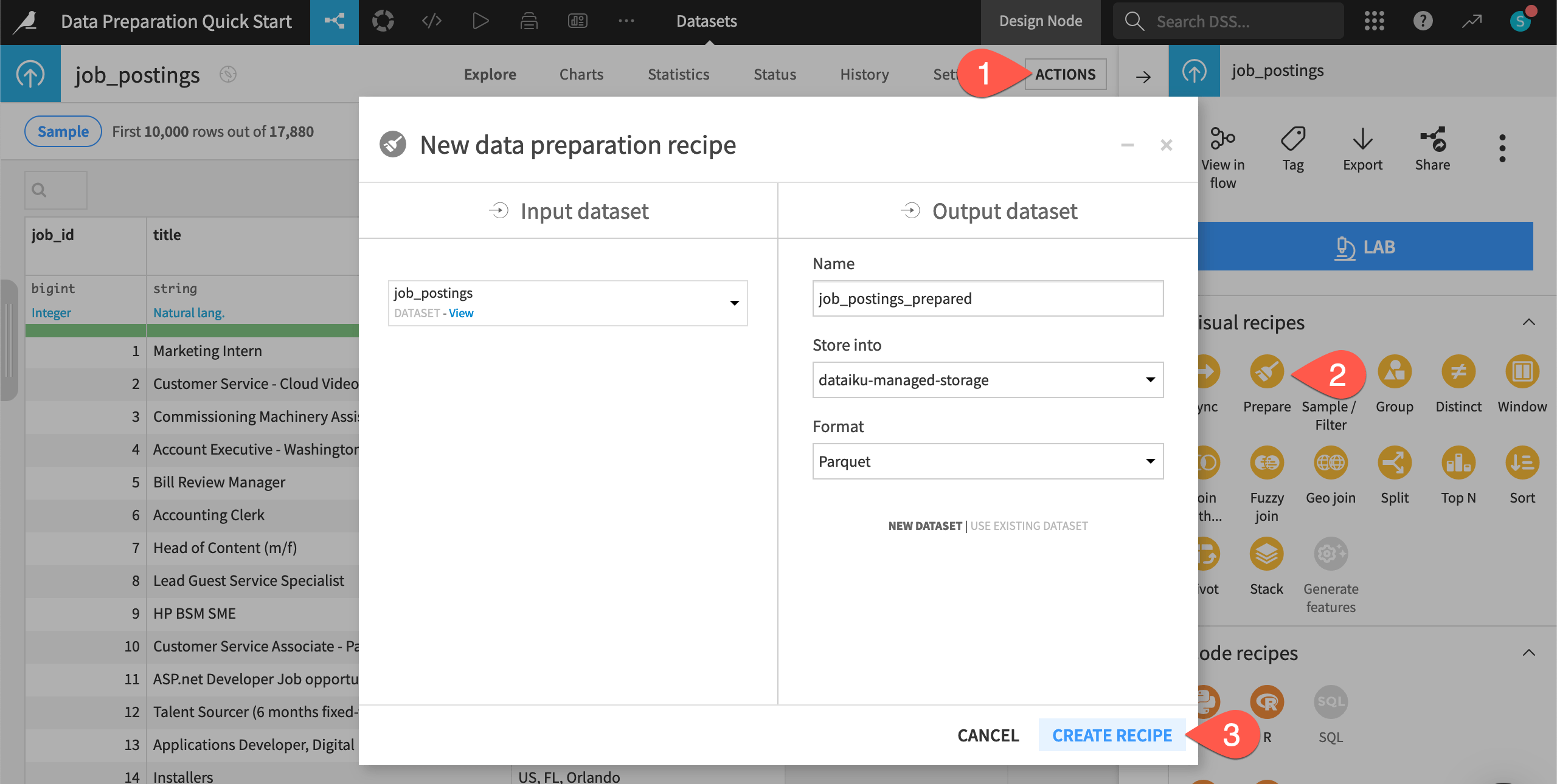 Dataiku screenshot of the dialog for a Prepare recipe