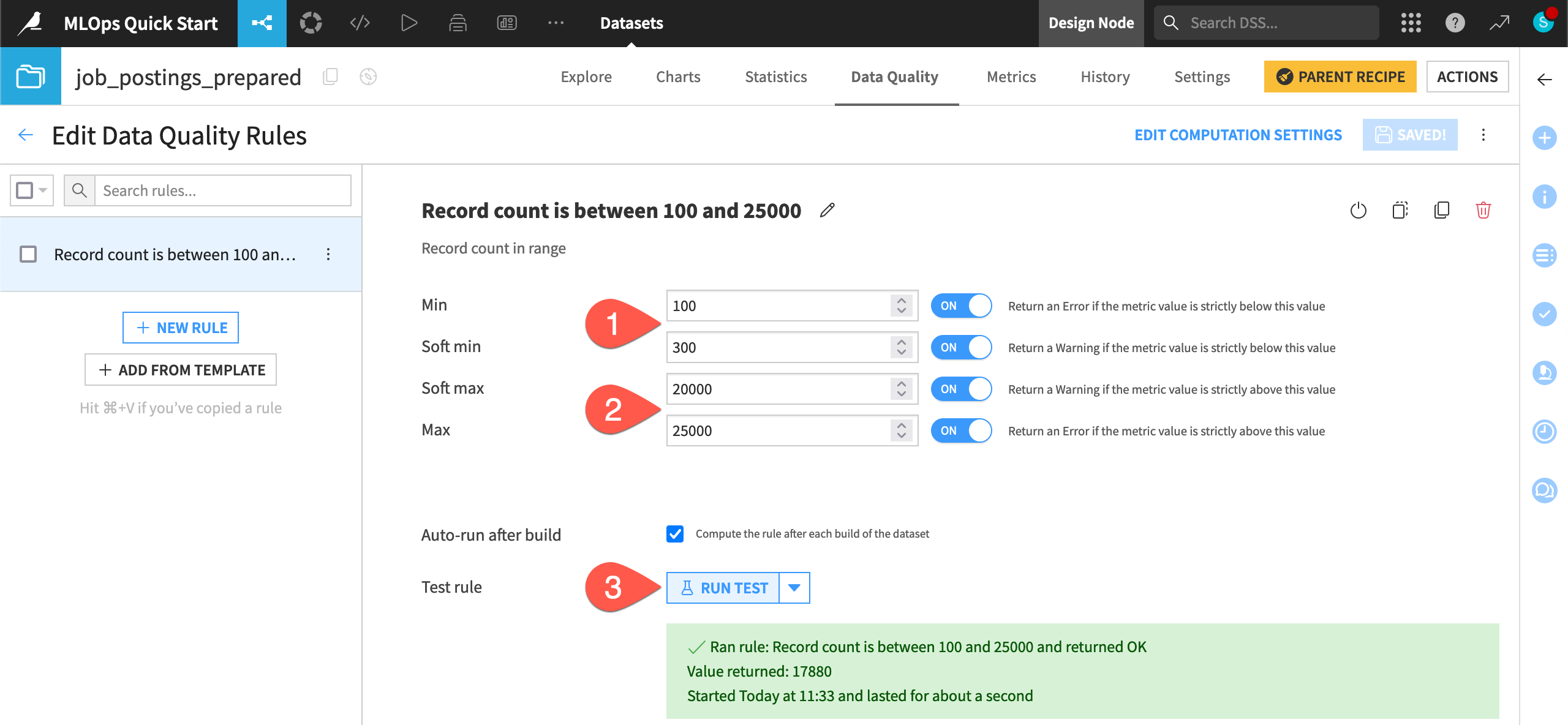 Dataiku screenshot of a data quality rule.