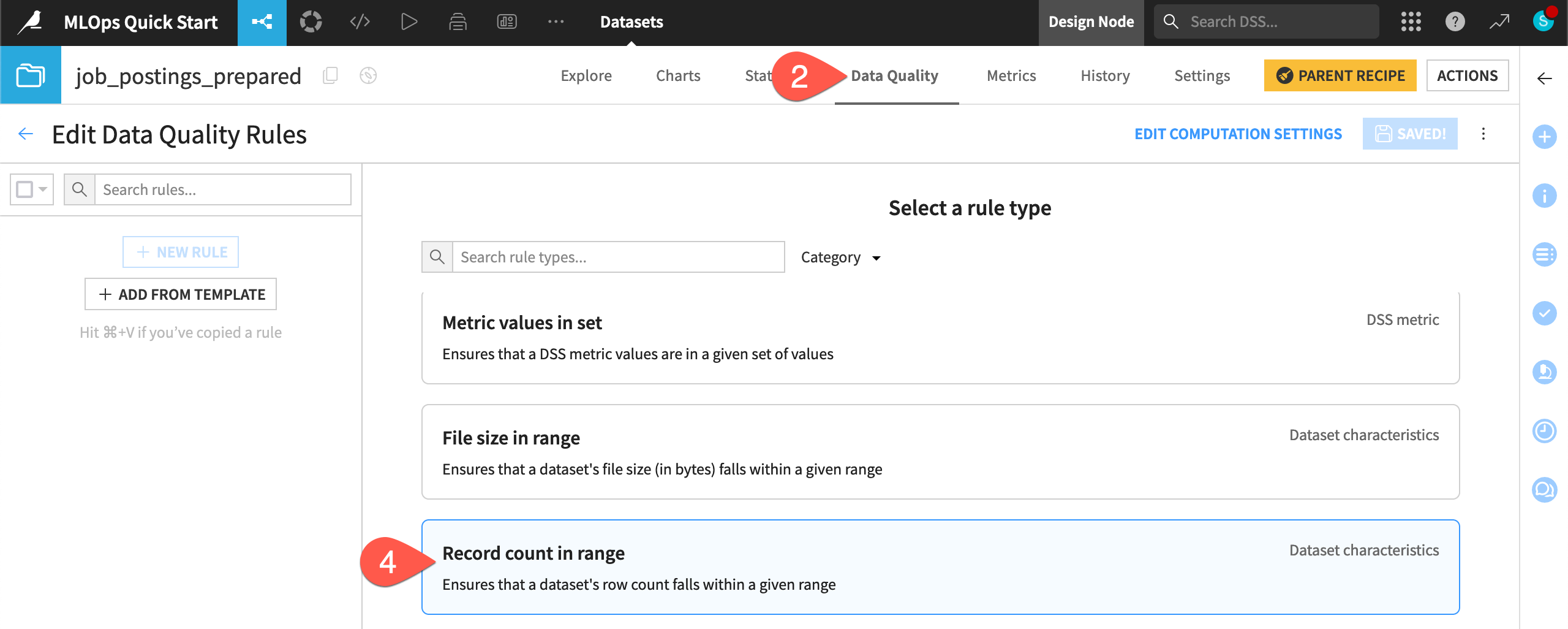 Dataiku screenshot of the rule type selection page.