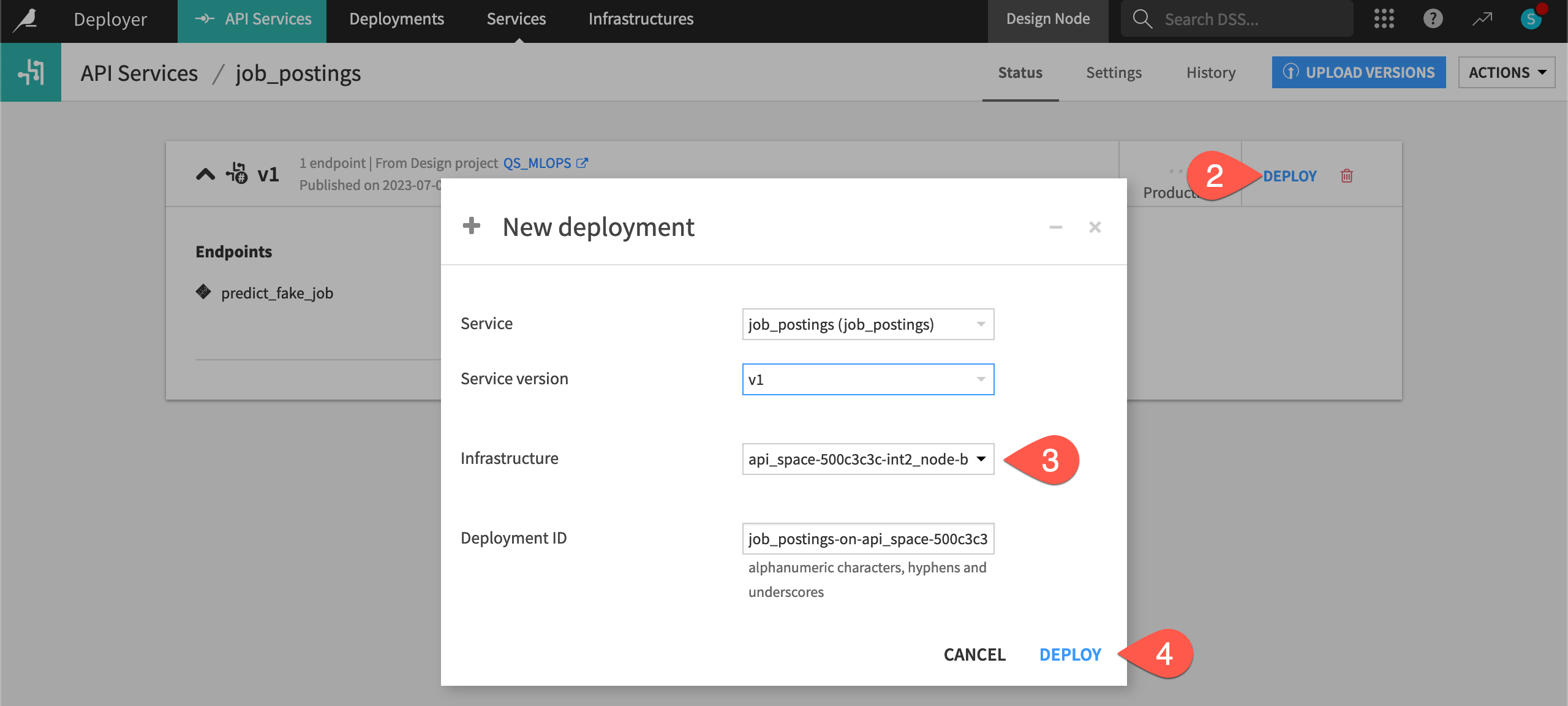 Dataiku screenshot of the dialog for deploying an API service.