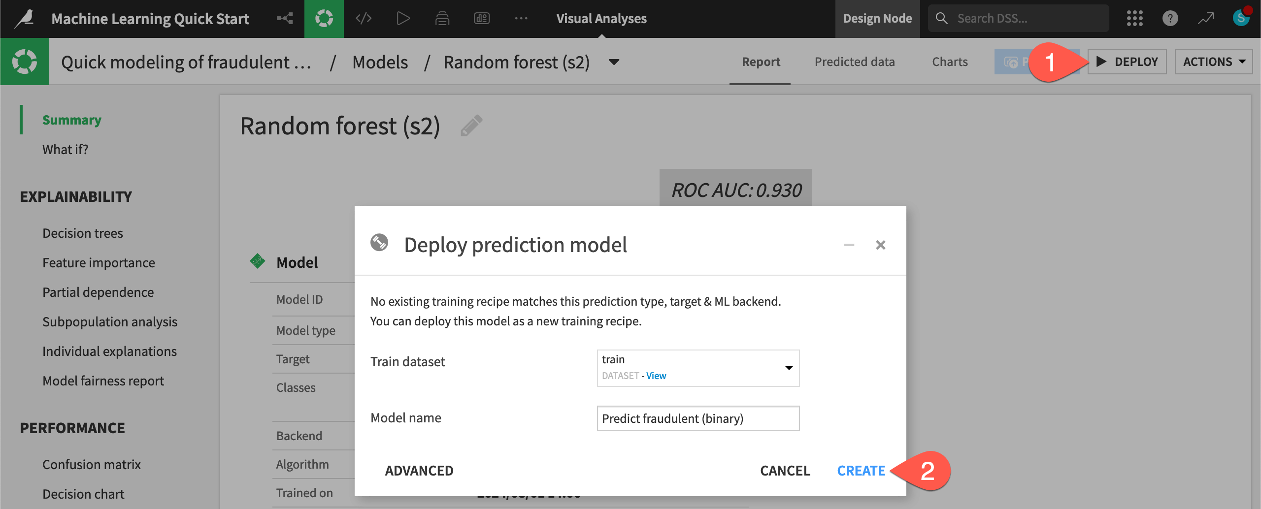 Dataiku screenshot of the dialog for deploying a model to the Flow.