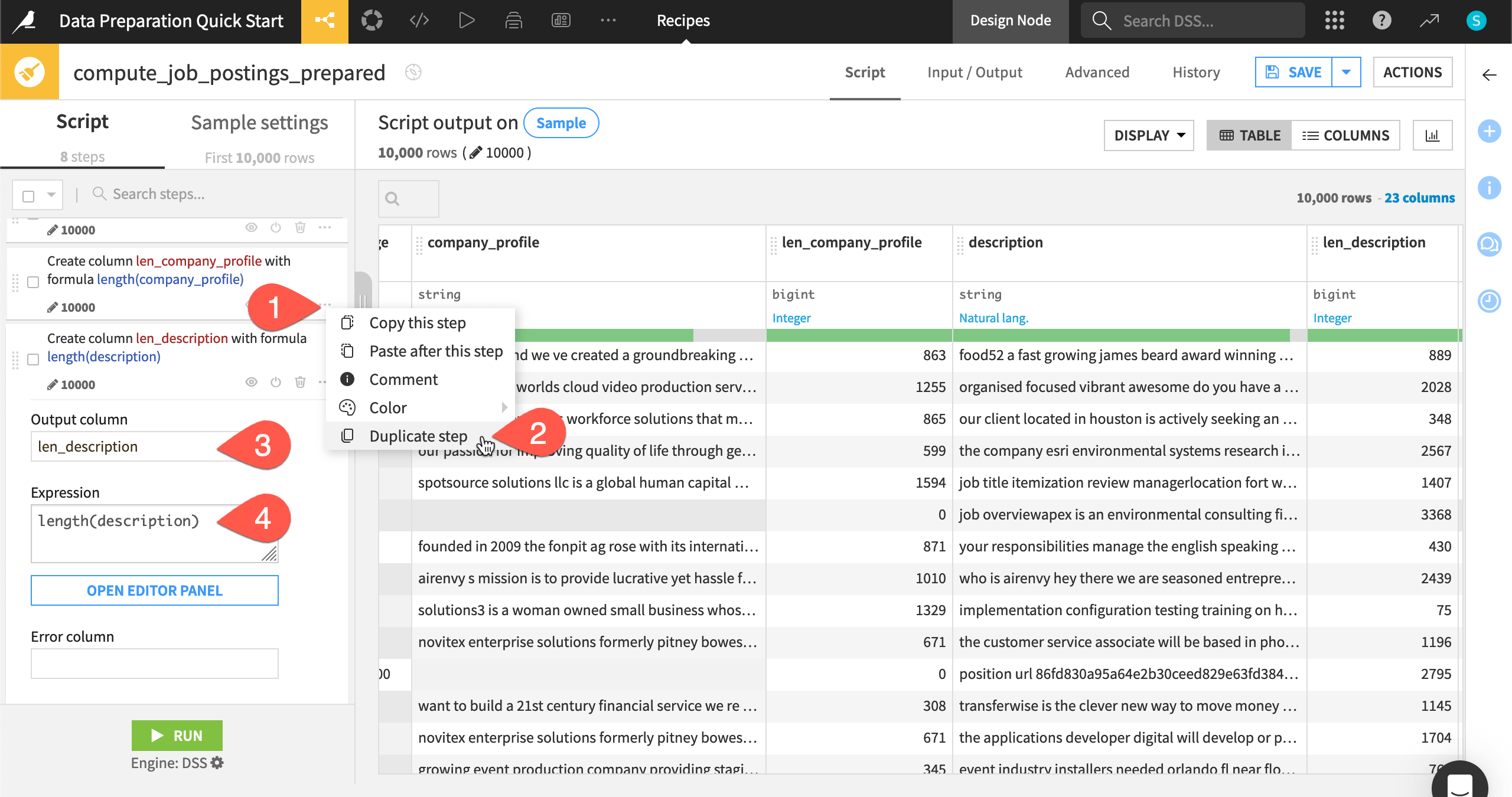 Dataiku screenshot of the duplicate step option in a Prepare recipe.