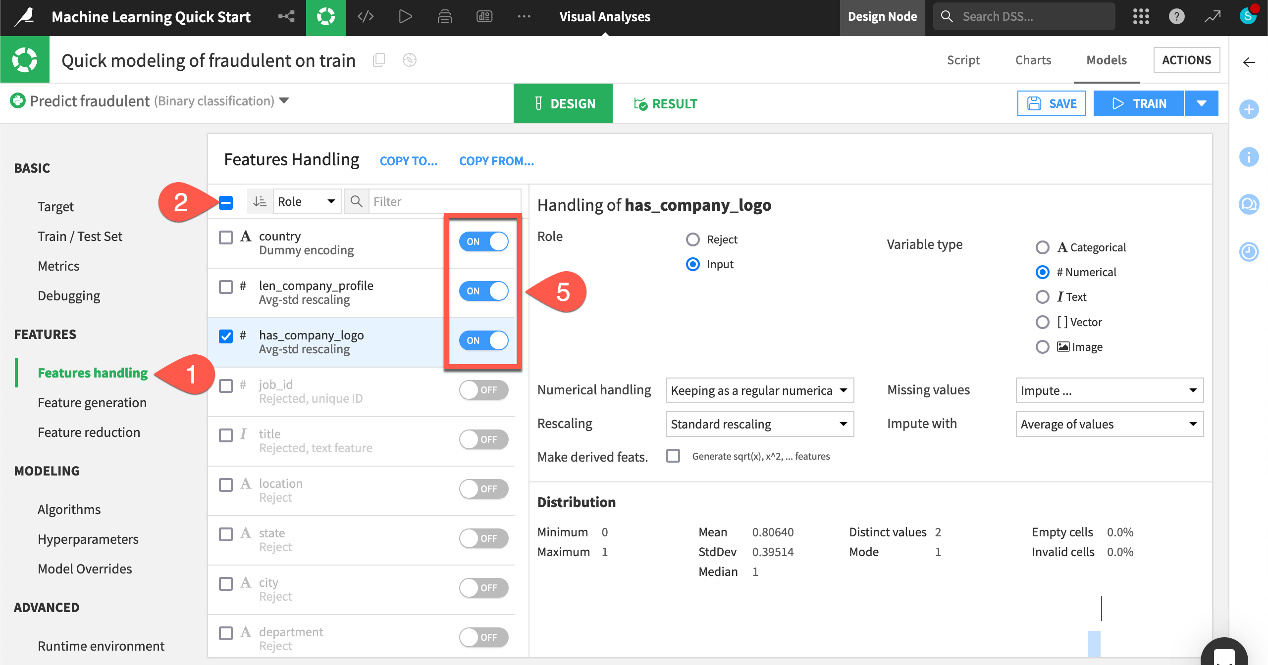 Dataiku screenshot of the feature handling panel in the Design tab.