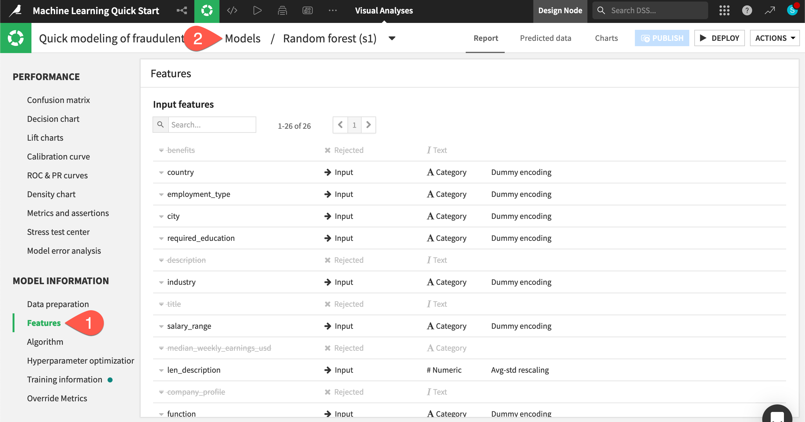 Dataiku screenshot of the feature handling for a model in the Lab.