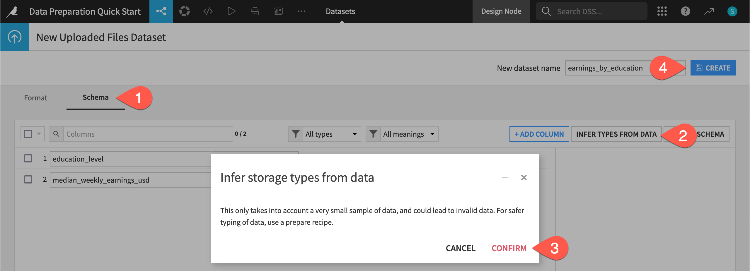 Dataiku screenshot of the data import process.