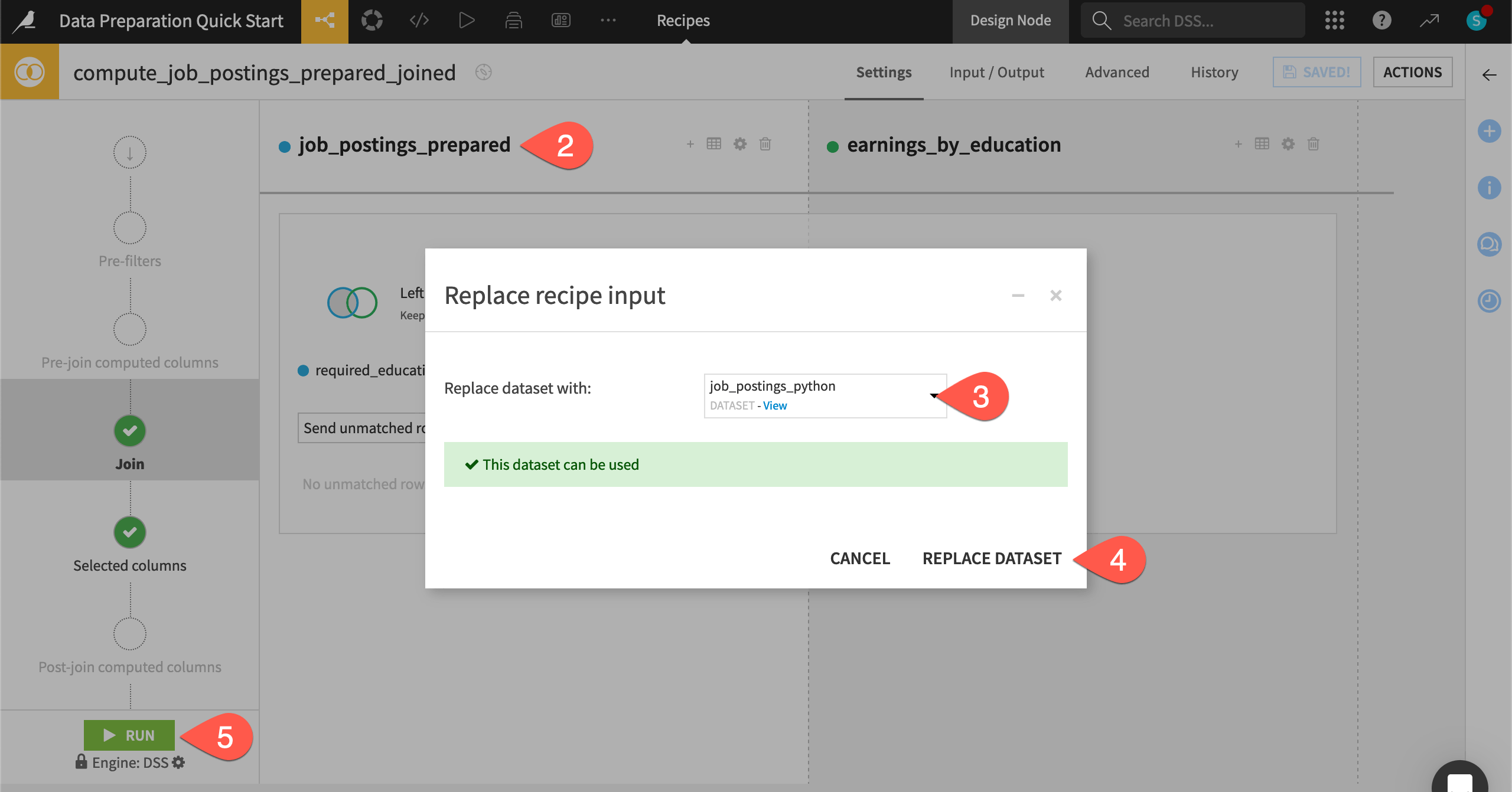 Dataiku screenshot of the Join dialog including the Python recipe output.
