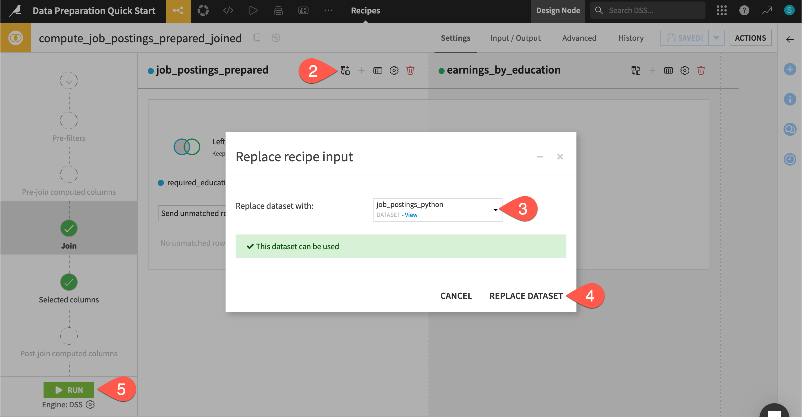 Dataiku screenshot of the Join dialog including the Python recipe output.