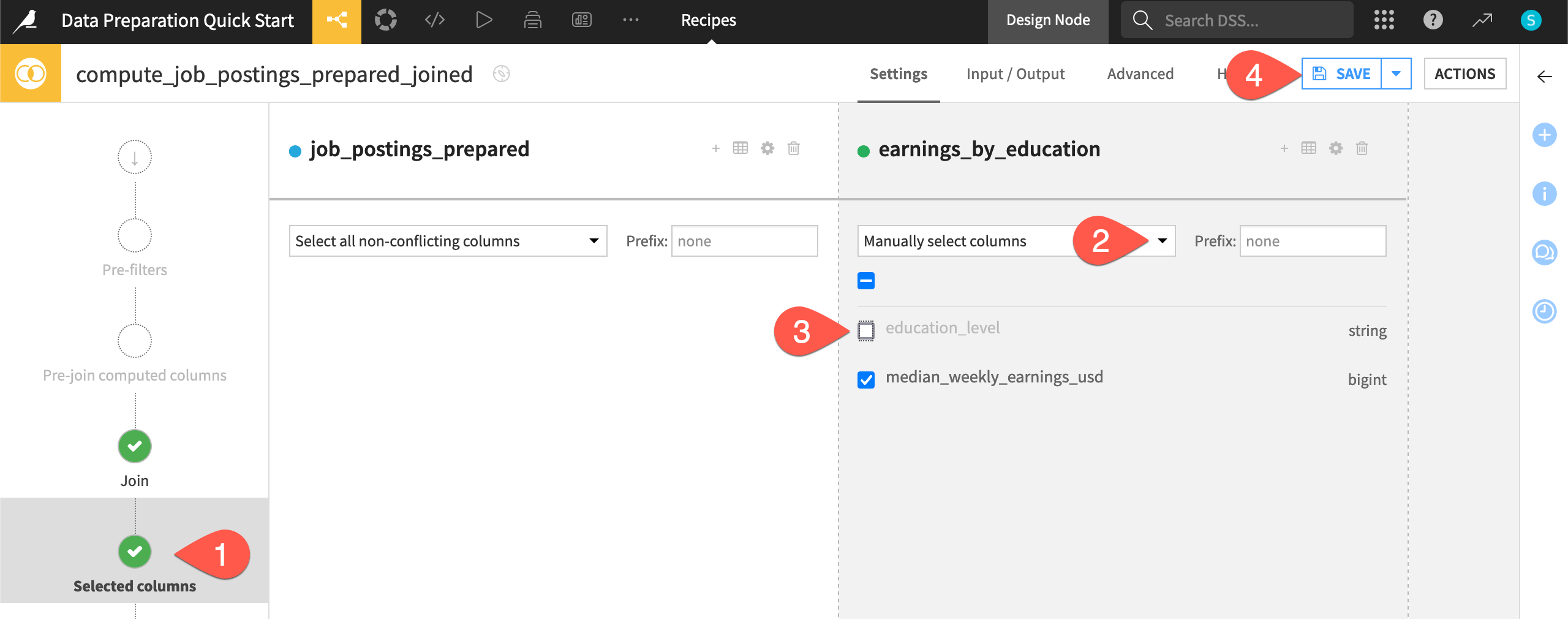 Dataiku screenshot of the Selected columns step for a Join recipe.