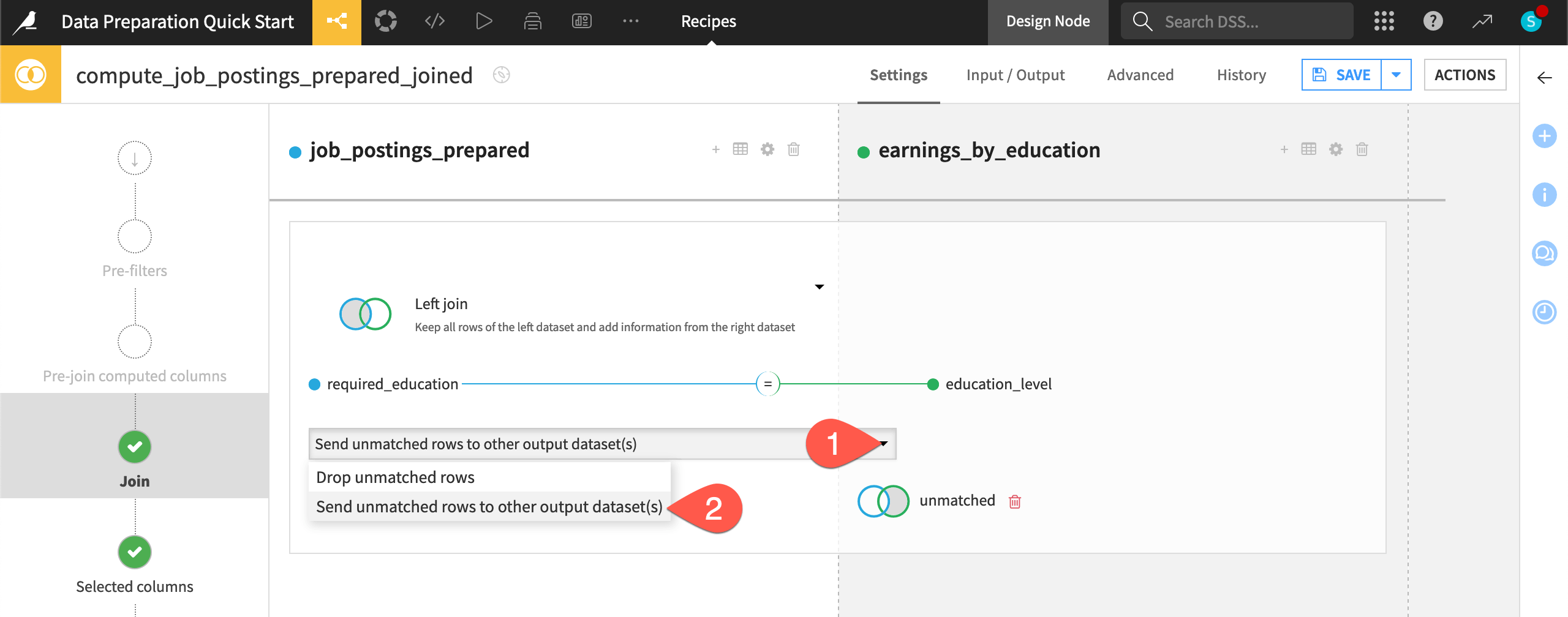 Dataiku screenshot of the Join step showing unmatched rows sent to another dataset.