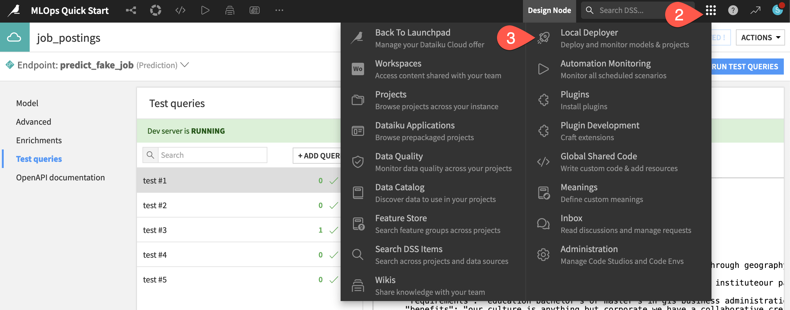 Dataiku screenshot of the path to find the local deployer.