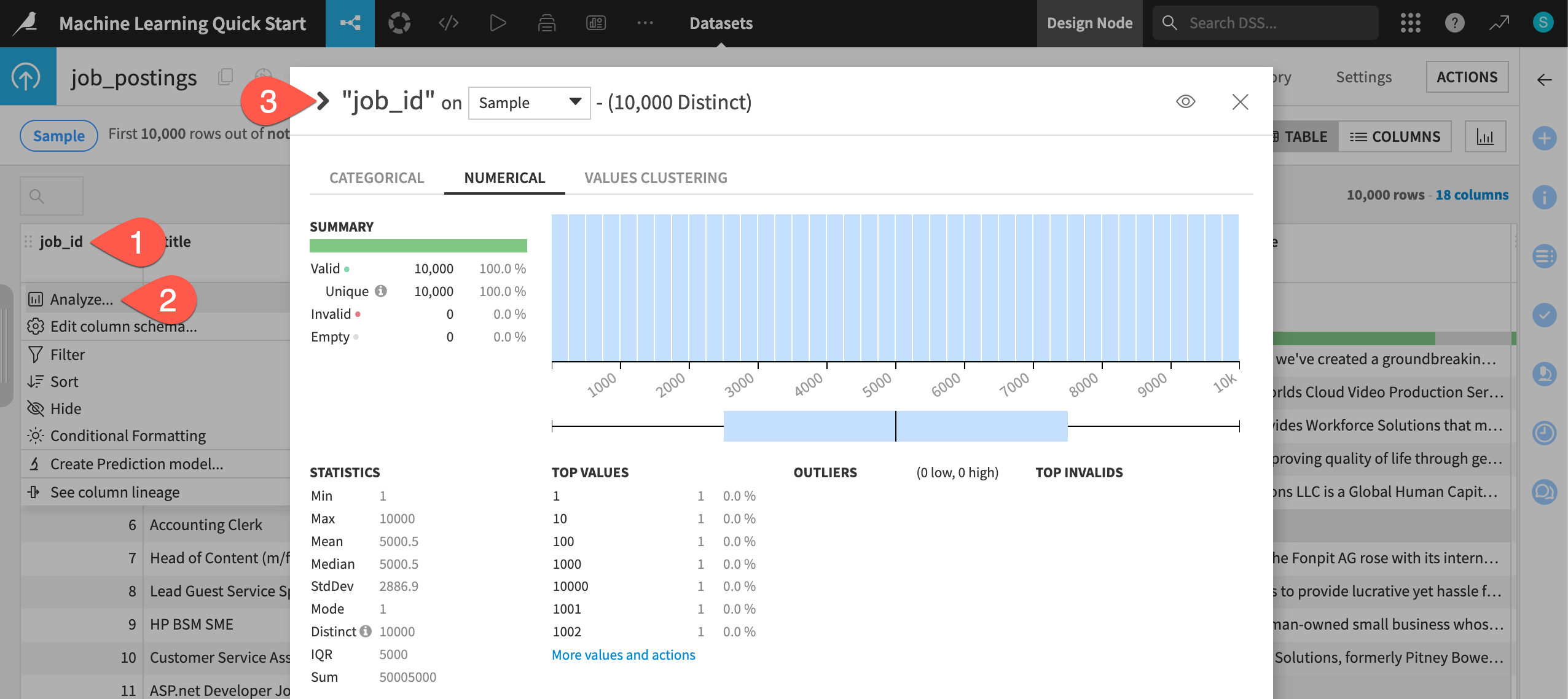 Dataiku screenshot of the Analyze tool.