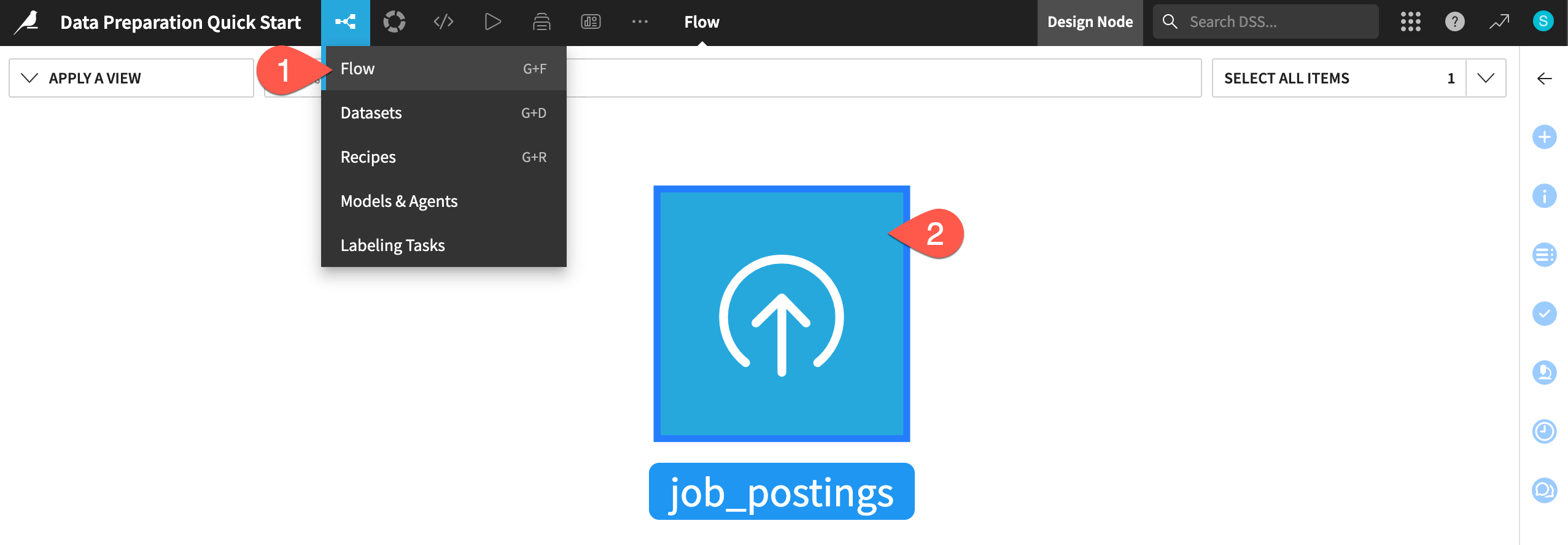 Dataiku screenshot of the Flow showing the job postings dataset.