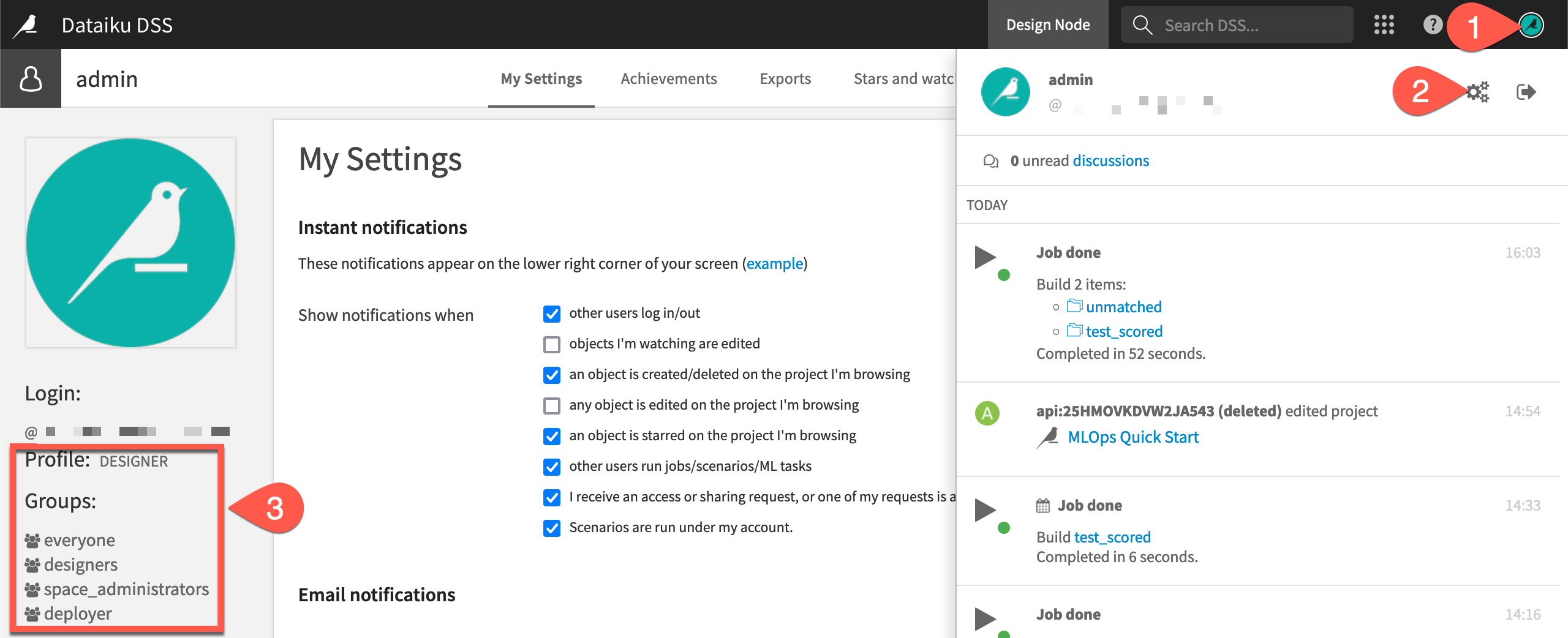 Dataiku screenshot of the profile and settings page.