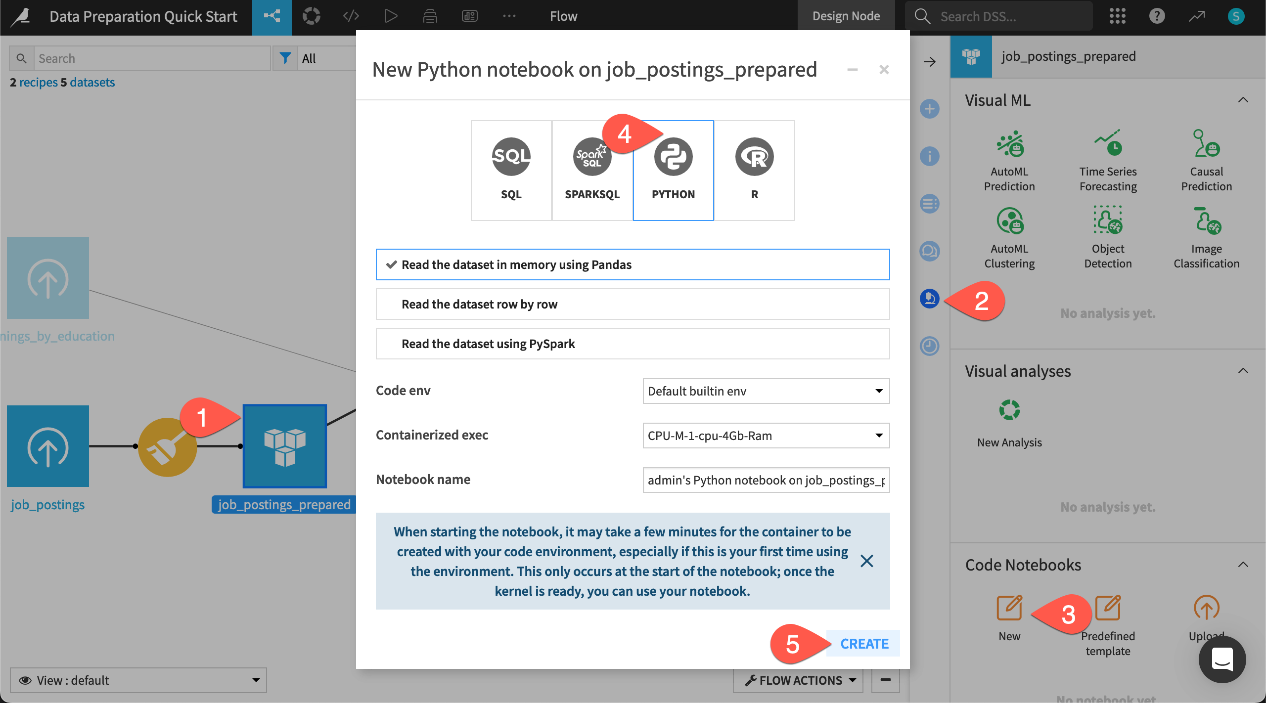 Dataiku screenshot of the dialog for creating a Python notebook.