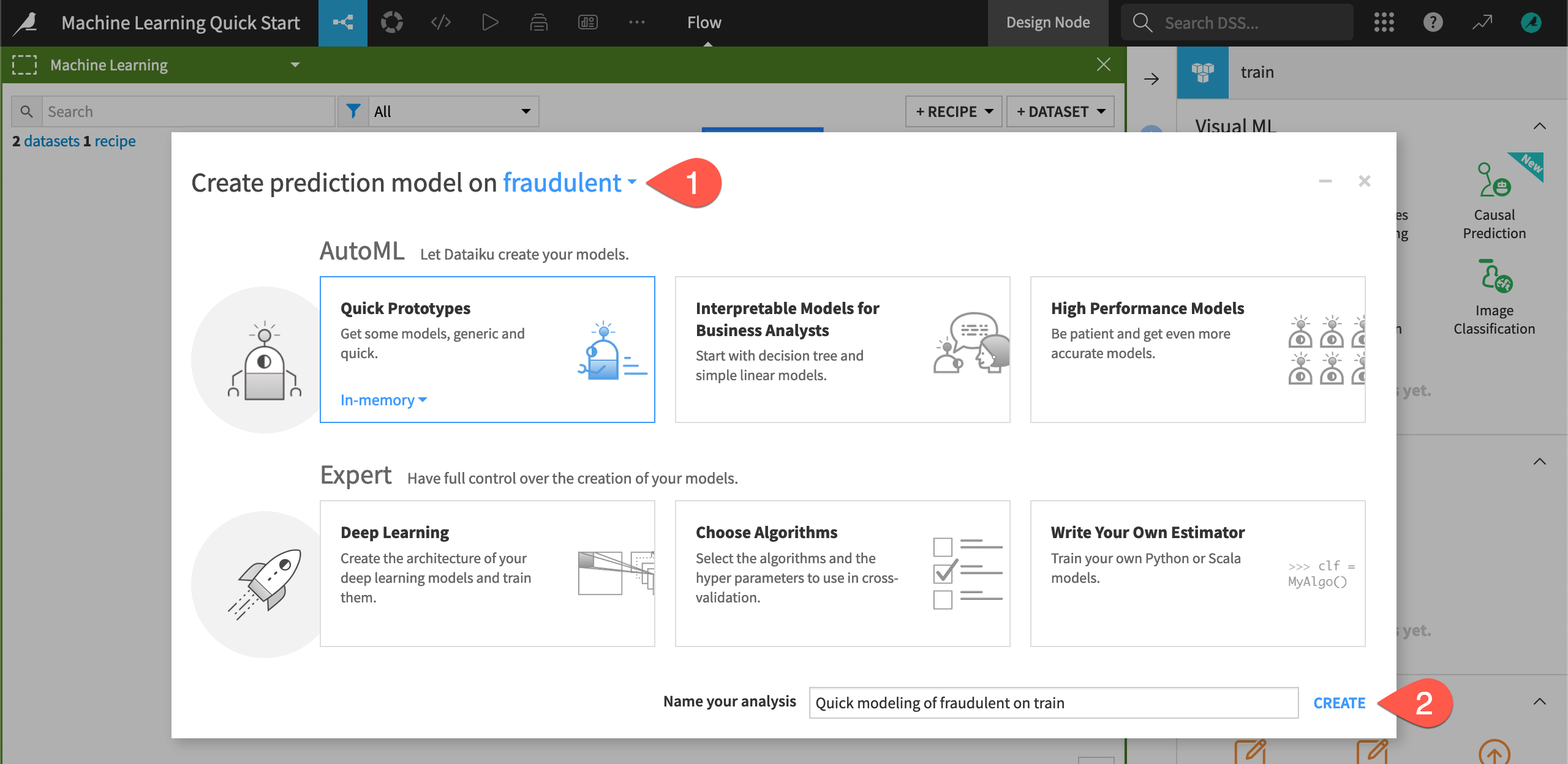 Dataiku screenshot of the dialog for creating an AutoML prediction task.