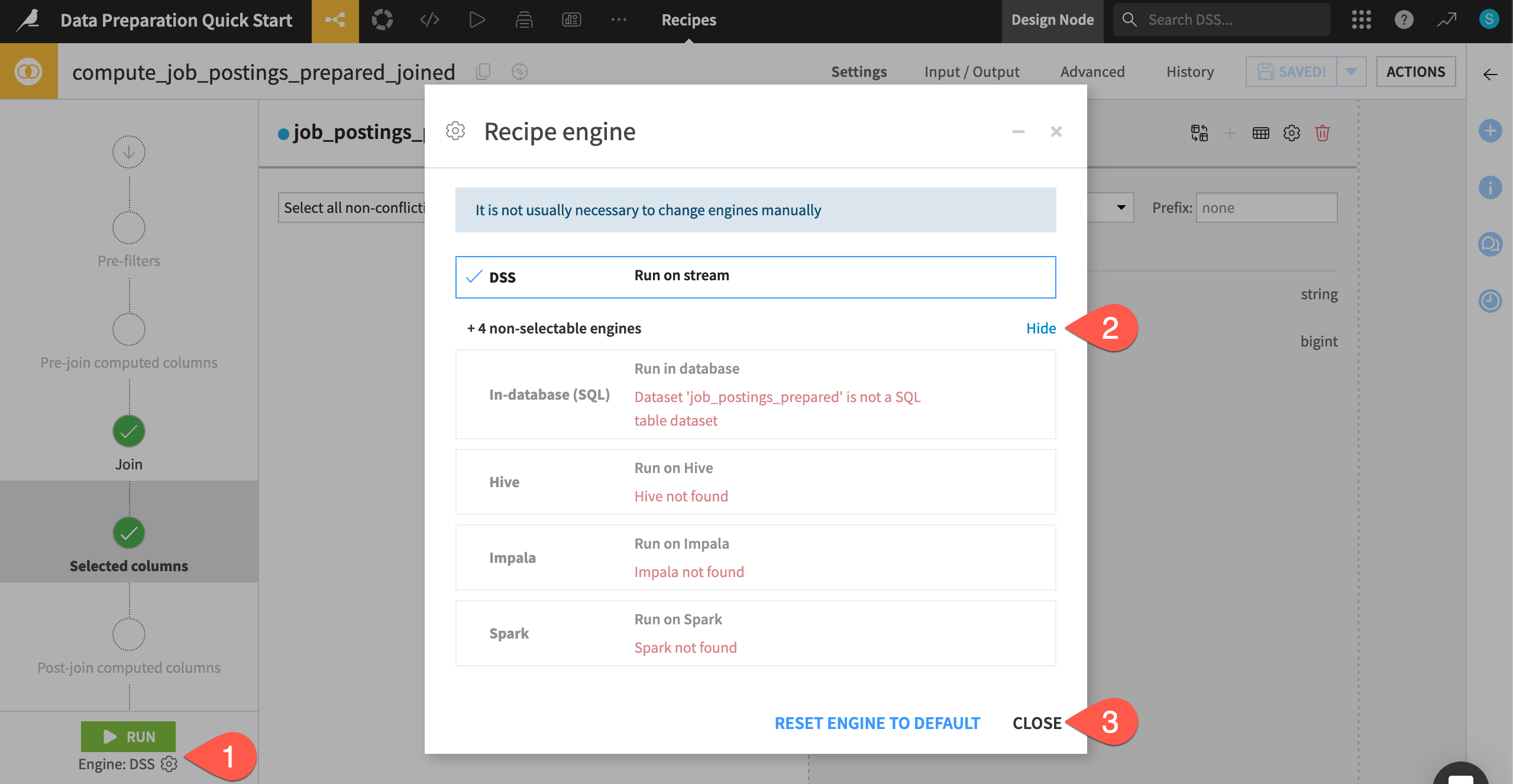 Dataiku screenshot of a Join recipe highlighting the computation engine.