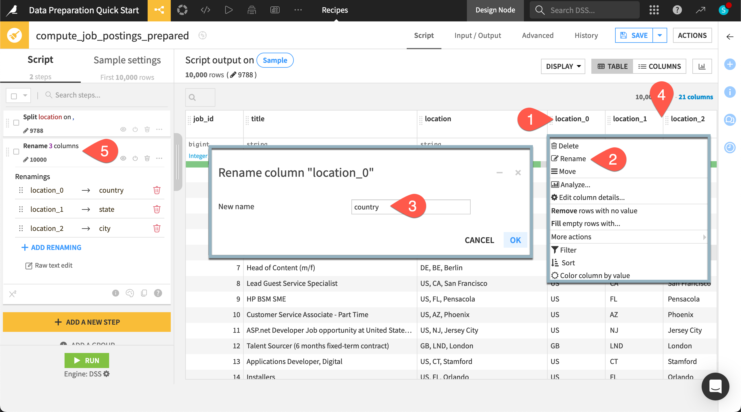 Dataiku screenshot of the rename column step in a Prepare recipe.