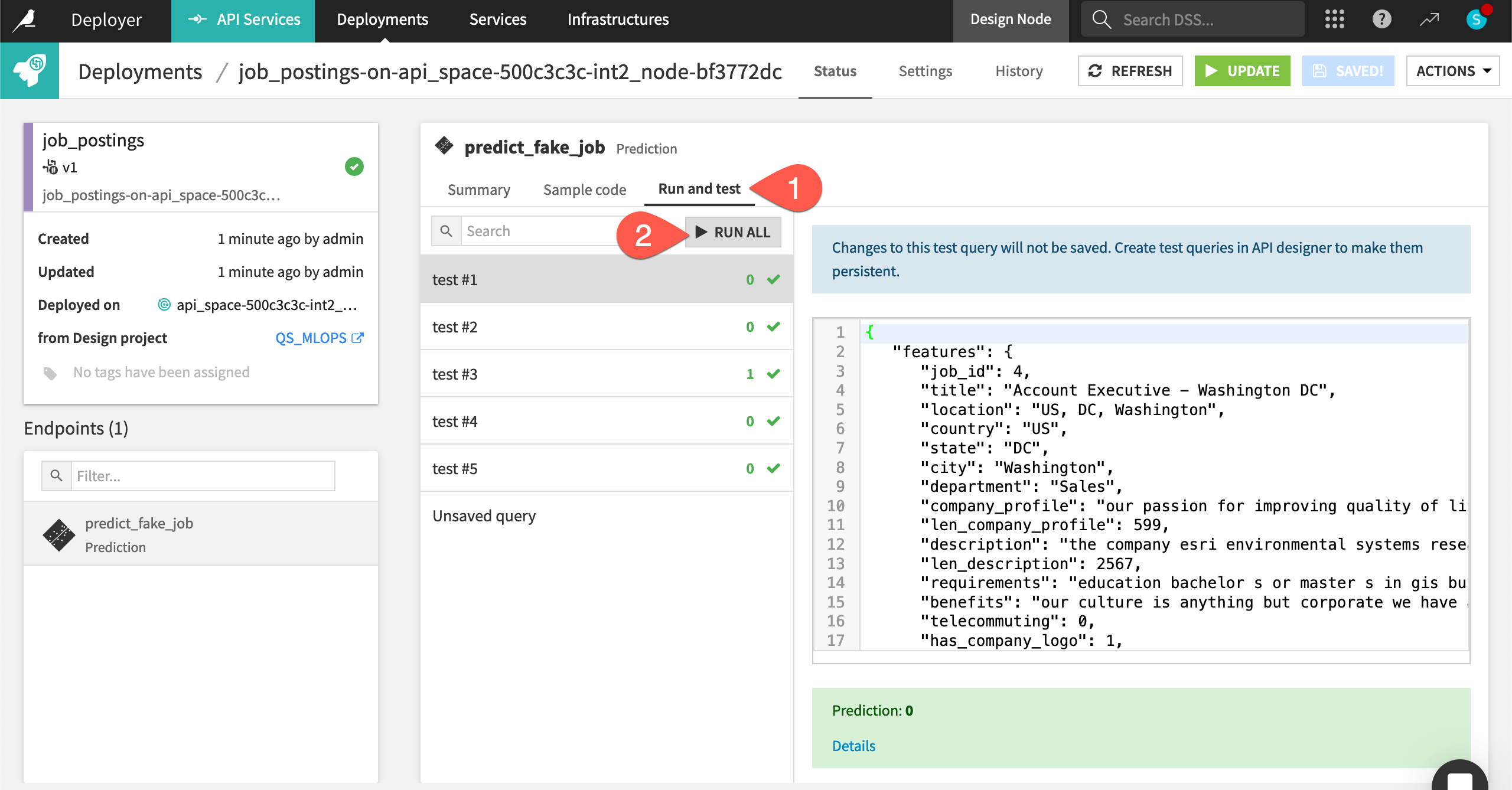 Dataiku screenshot of test queries run on the API node.