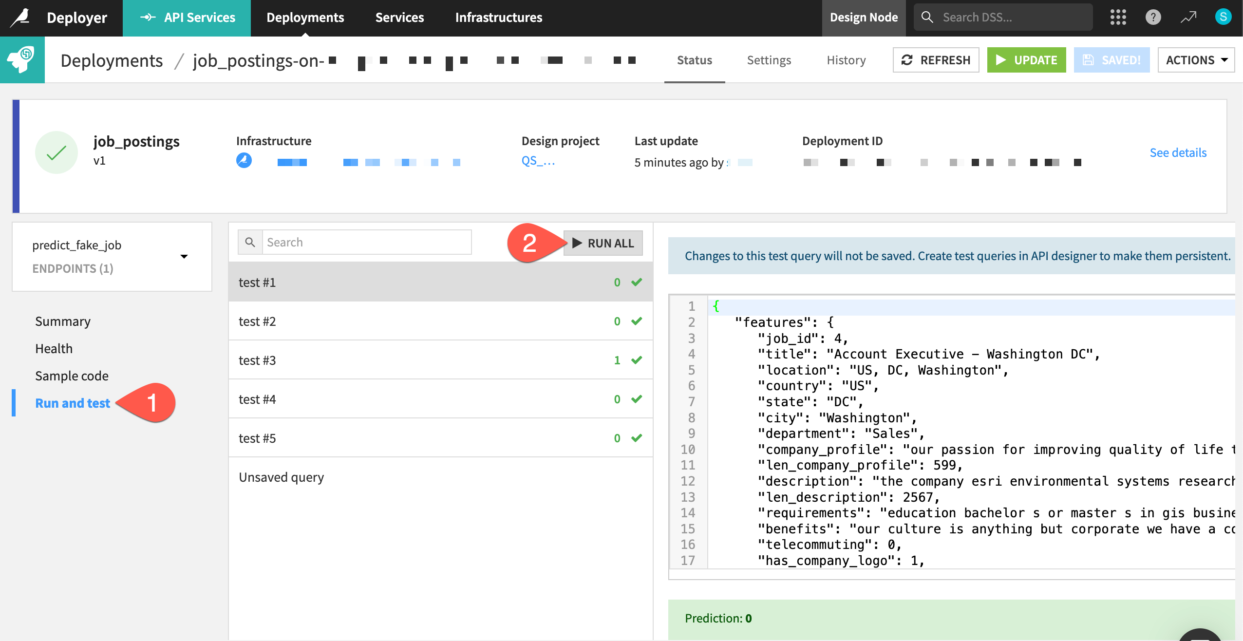 Dataiku screenshot of test queries run on the API node.