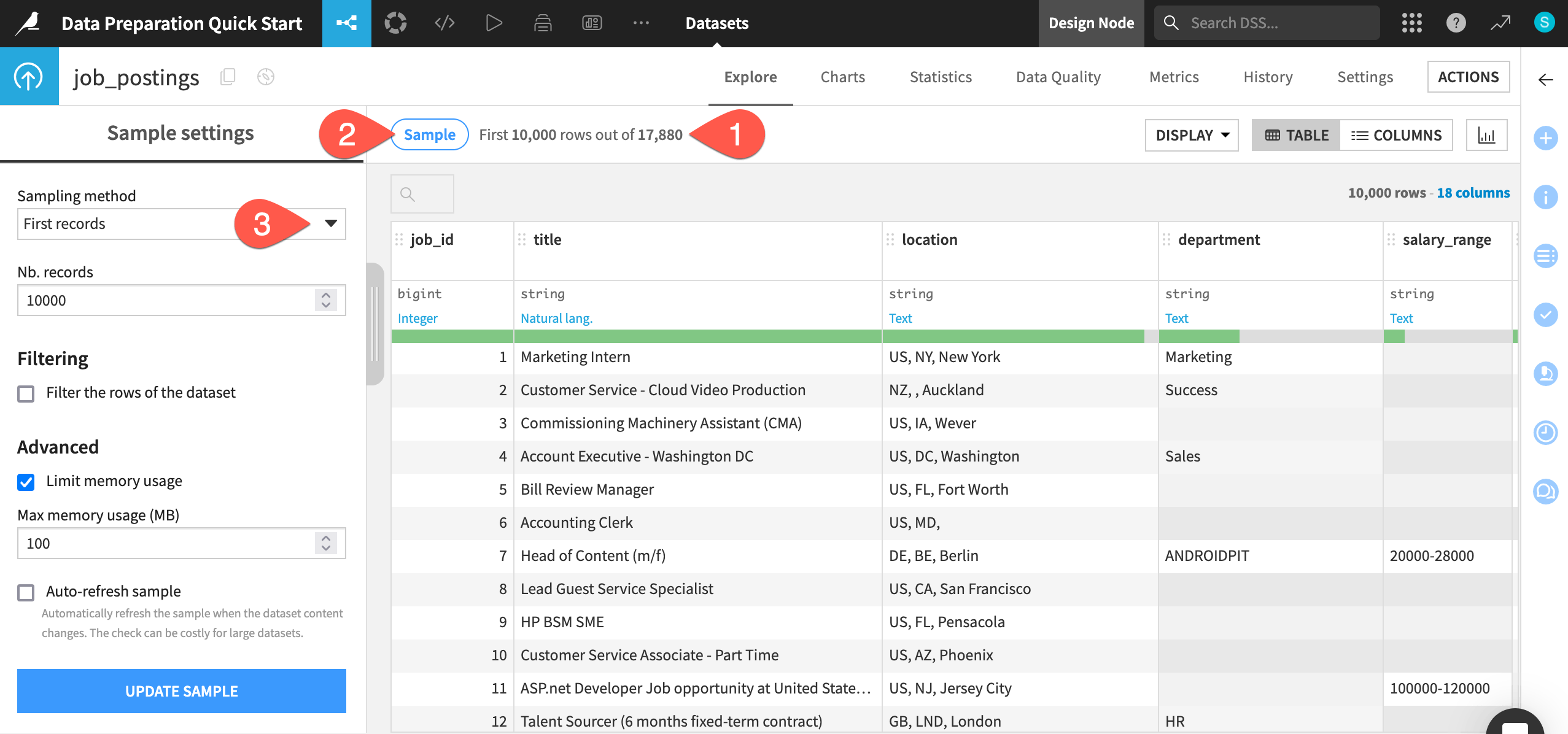 Dataiku screenshot of the sampling tab for a dataset.