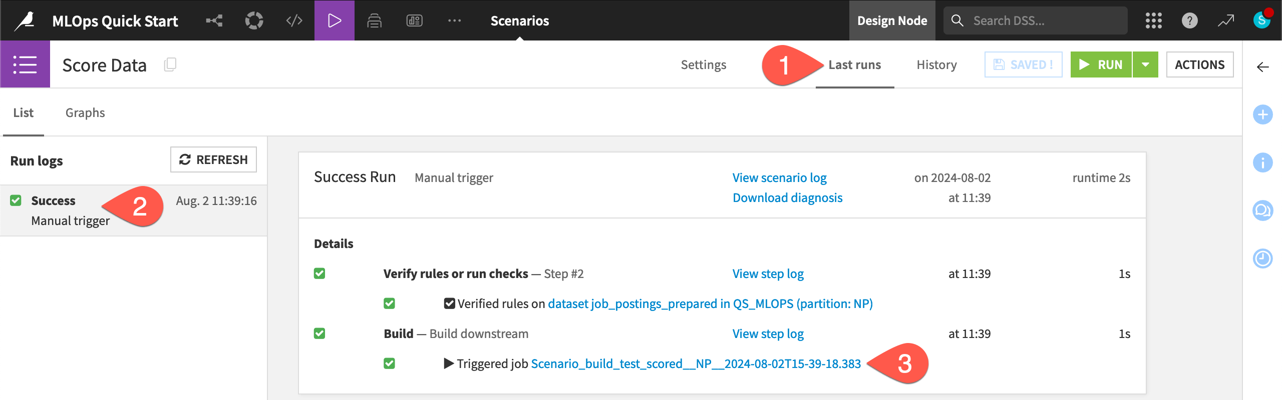 Dataiku screenshot of the last runs tab of a scenario.