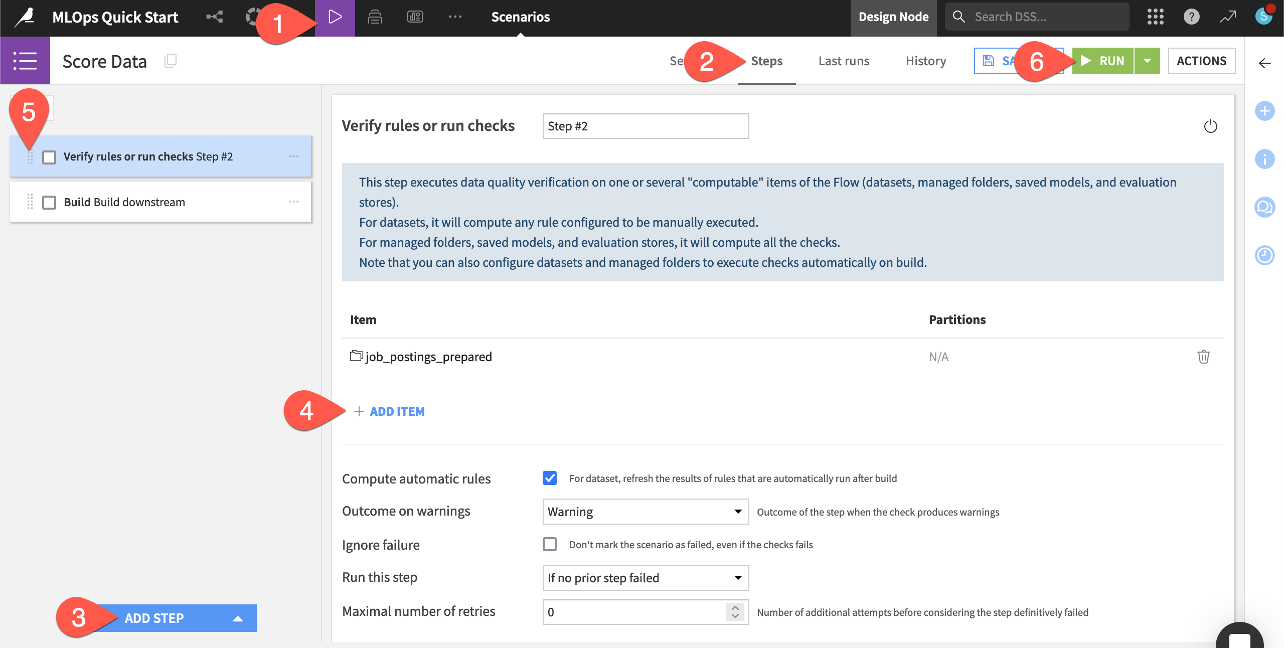 Dataiku screenshot of a verify rule step of a scenario.