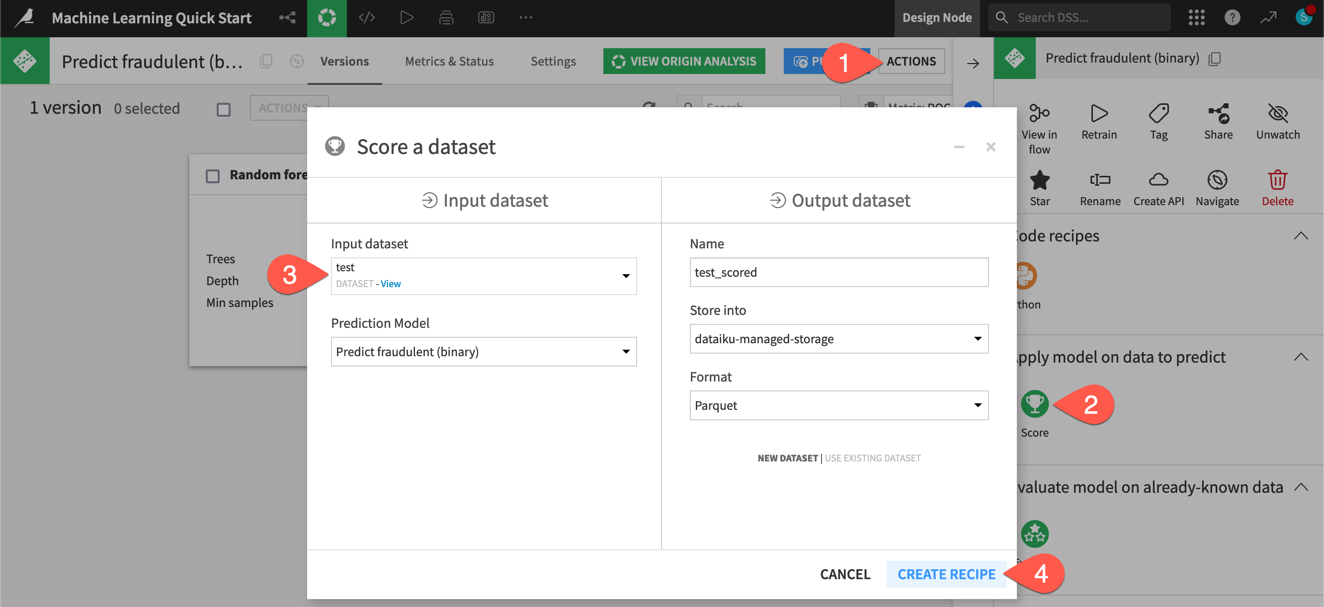 Dataiku screenshot of the dialog for creating a Score recipe.