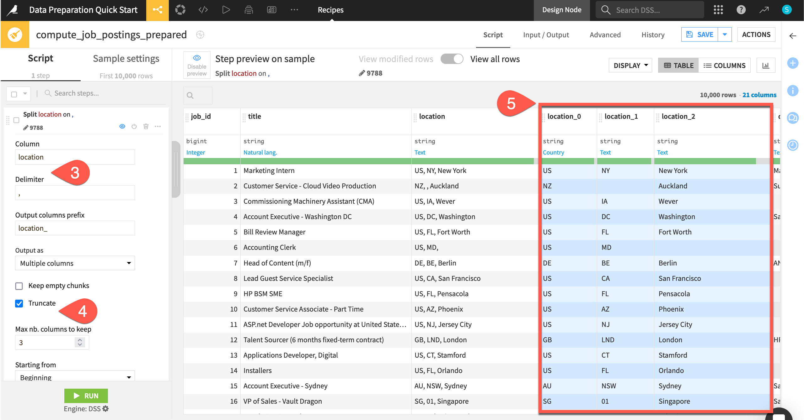 Dataiku screenshot of the Split column step in a Prepare recipe.