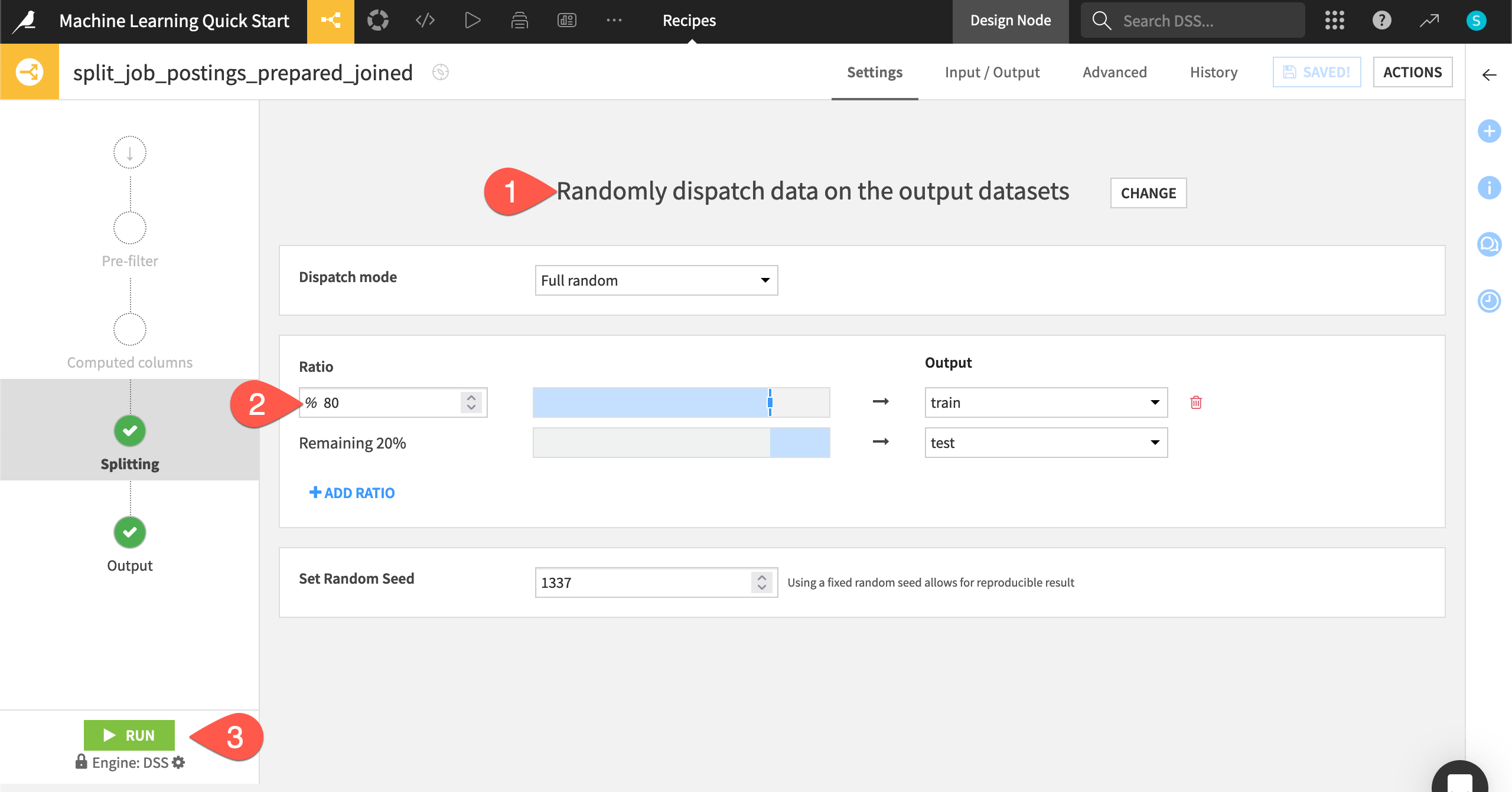 Dataiku screenshot of the settings for a Split recipe.