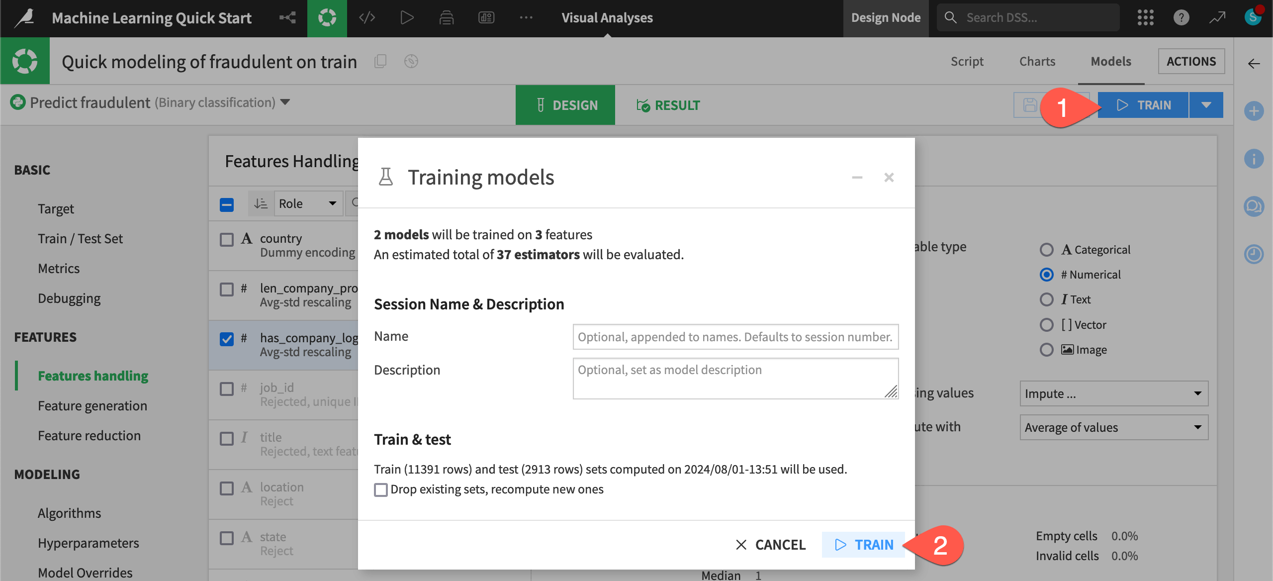 Dataiku screenshot of the interface to train a model.