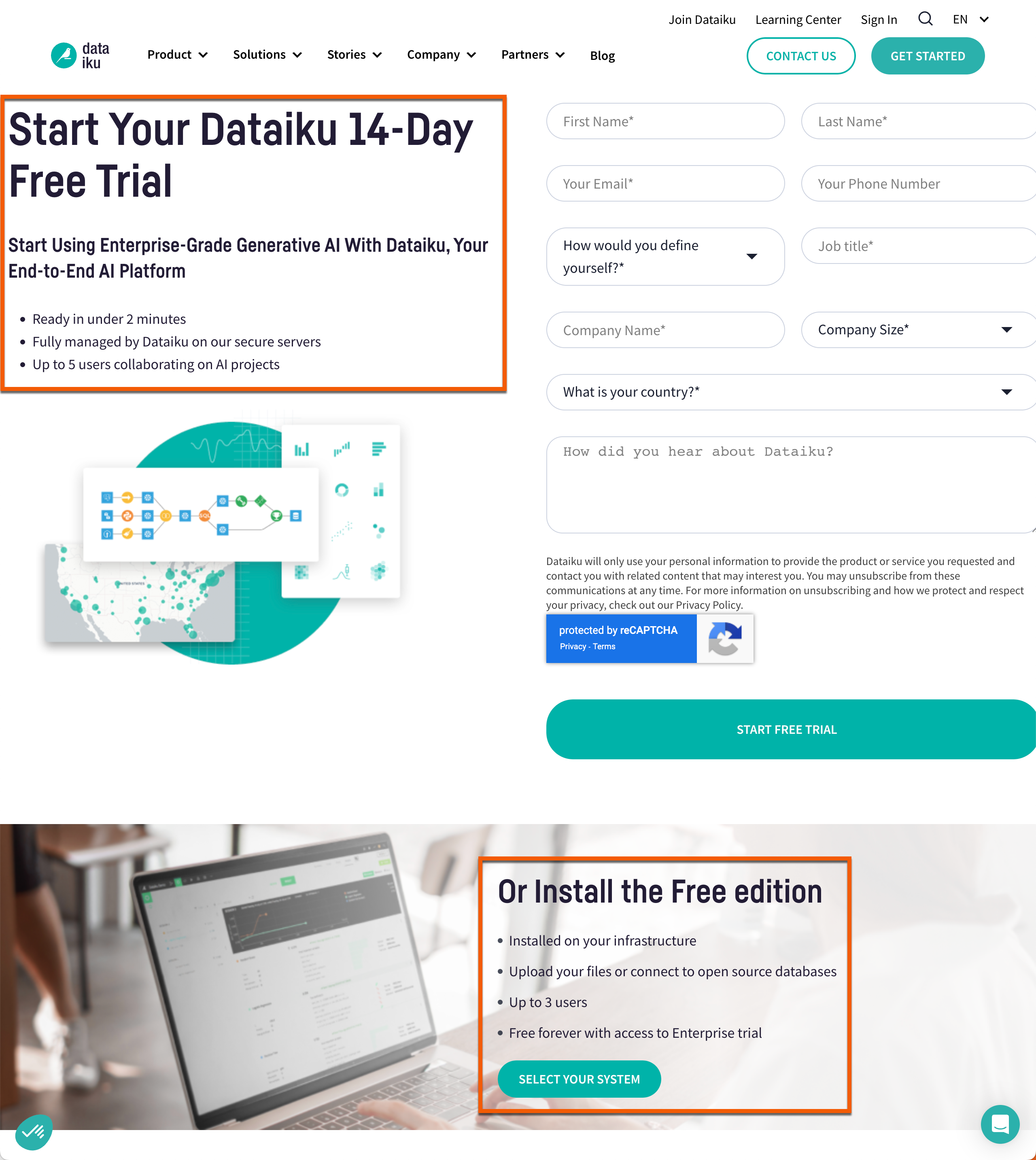 Sign-up page from the Dataiku website to start a free trial or install the free edition.
