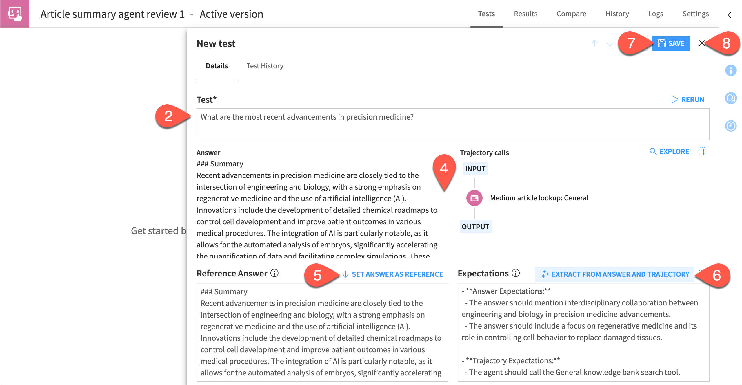 Dataiku screenshot of the new test dialog in an agent review.