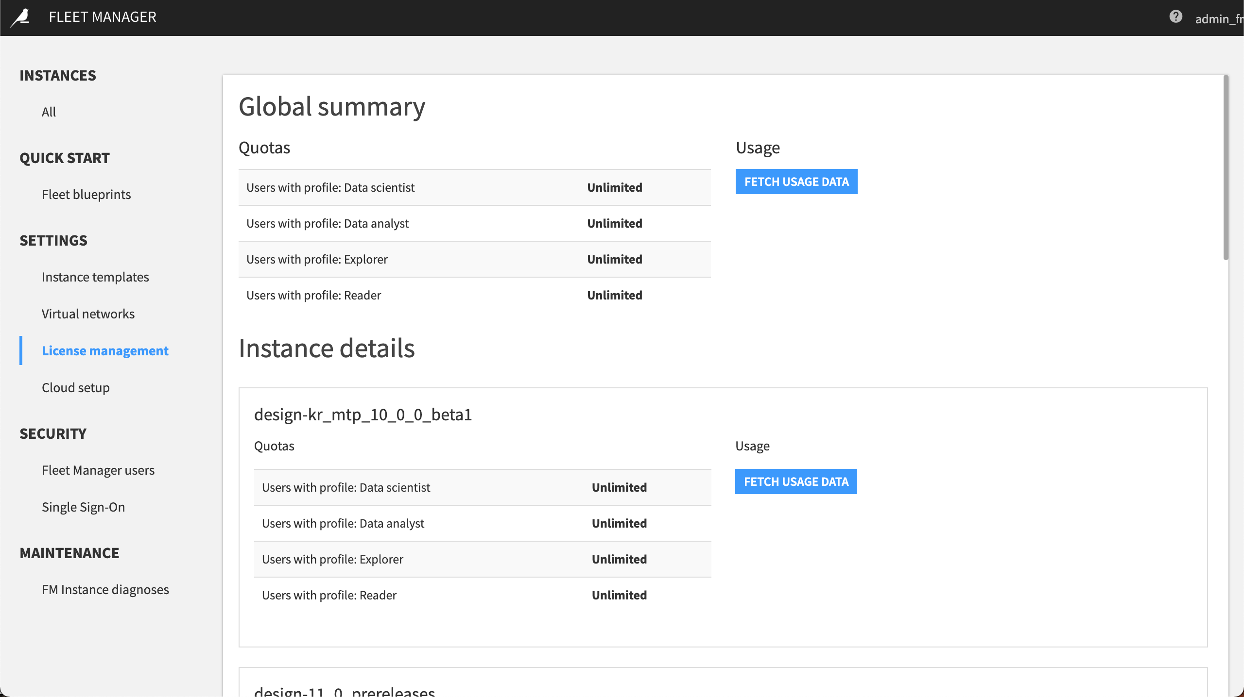 License management page showing quotas and usage statistics for a DSS instance in the Fleet Manager settings panel.