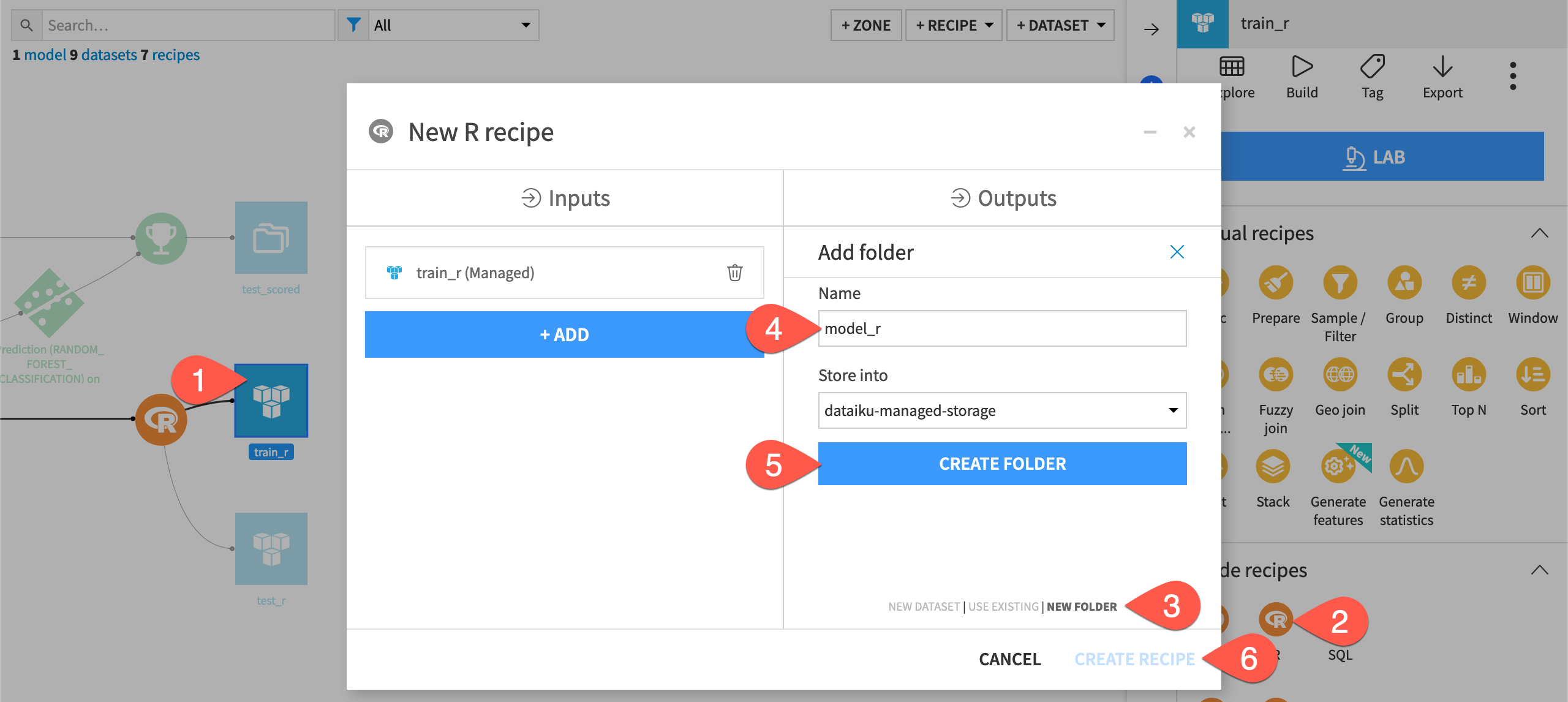 Dataiku screenshot of the dialog to create an R recipe with a folder output.