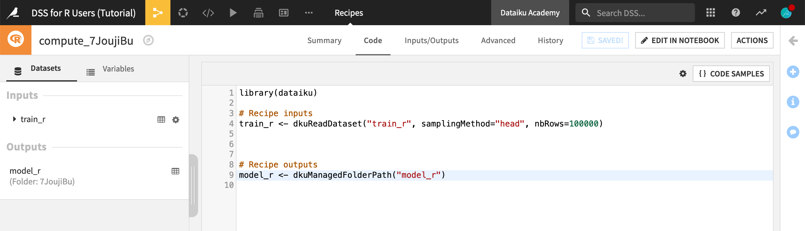 Default R code recipe with a dataset input and folder output