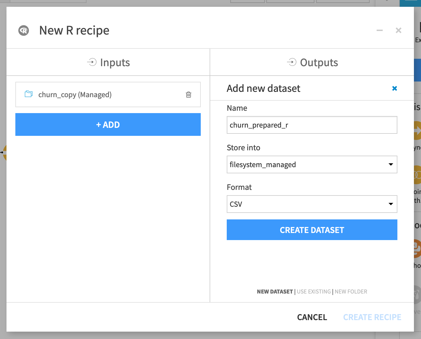 Dialog of new R recipe with churn_copy as input and churn_prepared_r as output dataset