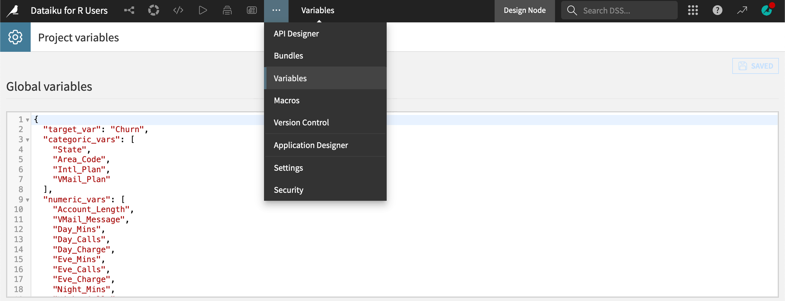 Dataiku screenshot of the project variables page with 3 variables.