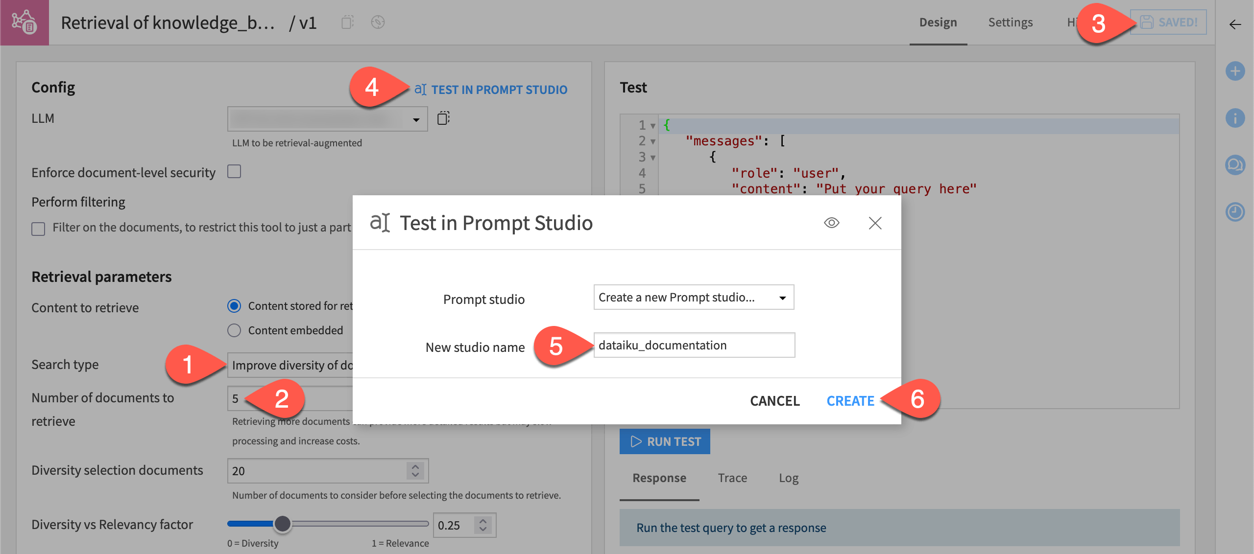 Dataiku screenshot of the dialog to create a Prompt Studio from the Design tab of a retrieval-augmented LLM.
