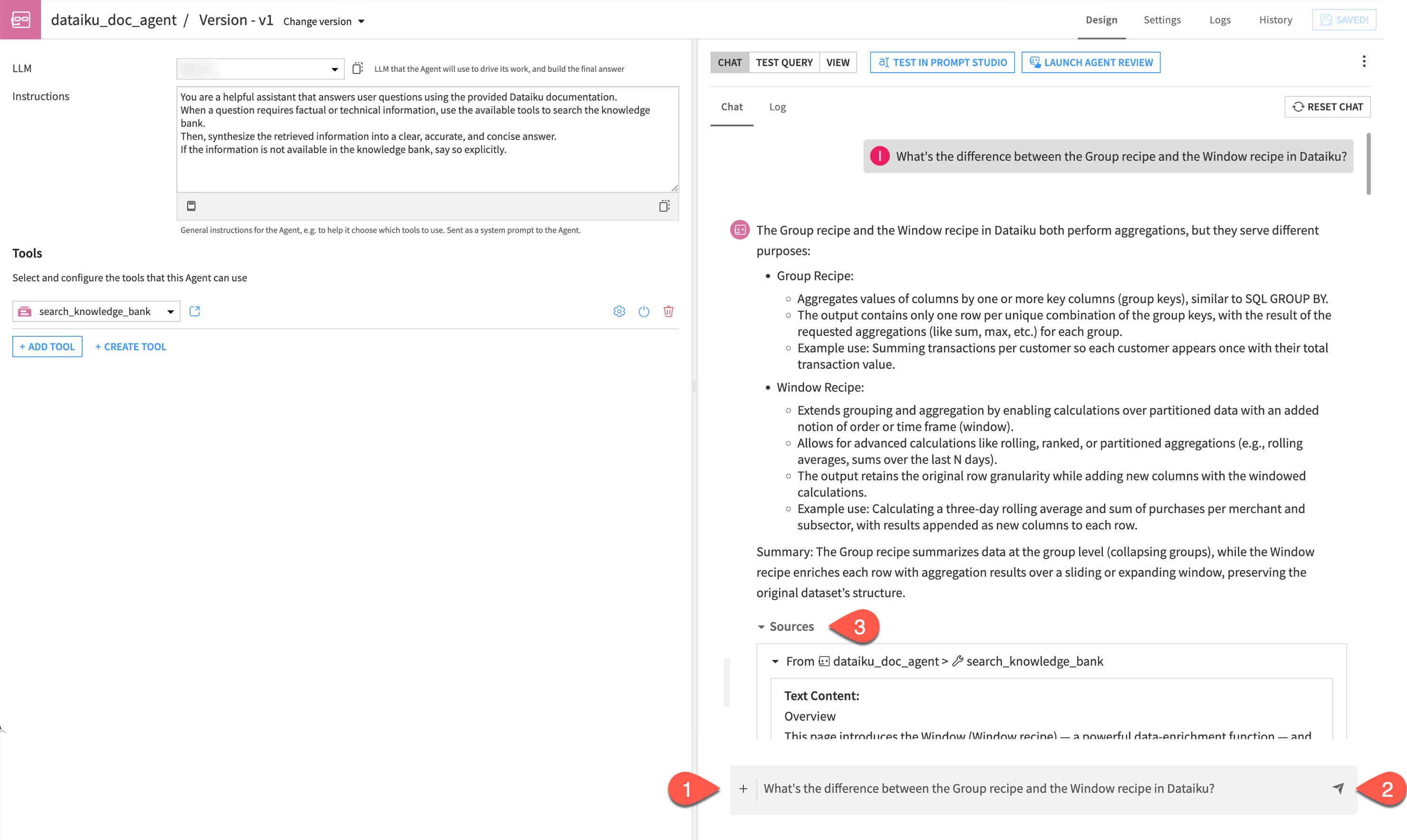 Dataiku screenshot of the chat interface and agent response.