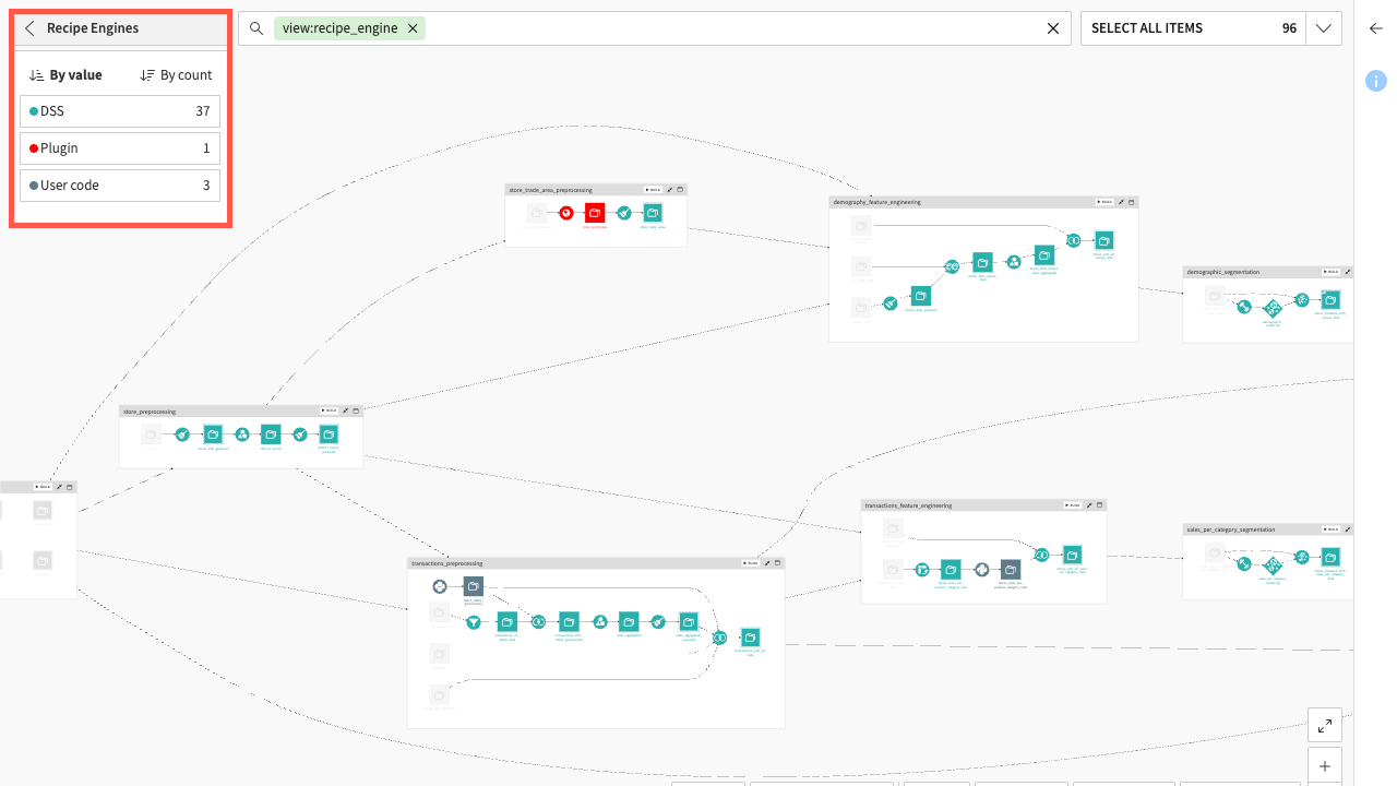 Dataiku screenshot of the Flow displaying the recipe engine options.