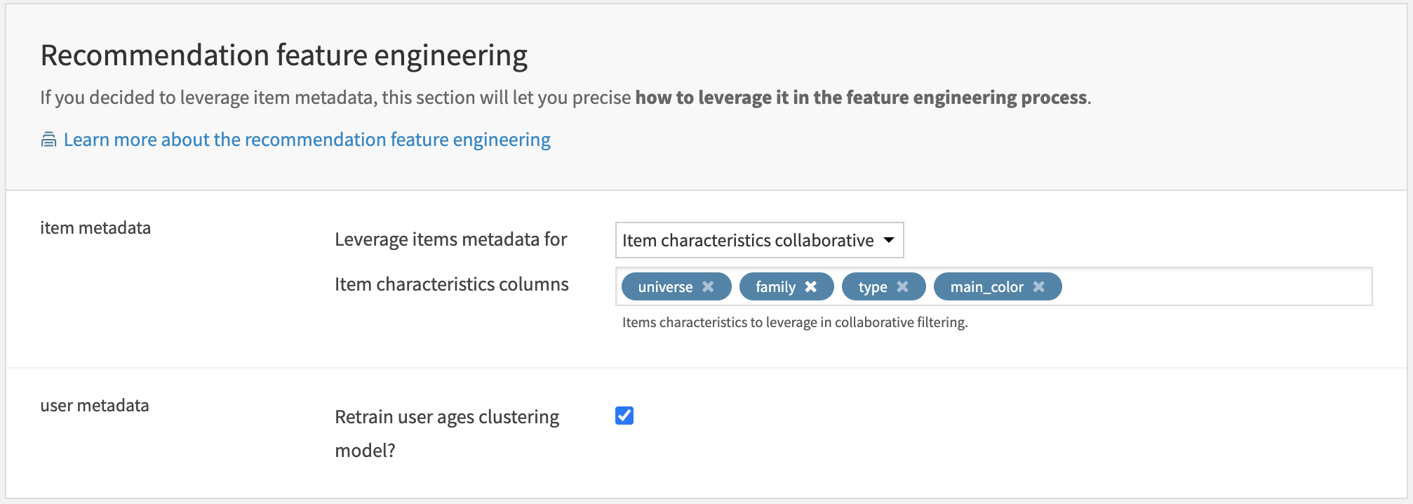 Dataiku screenshot the feature engineering parameters for Product Recommendation
