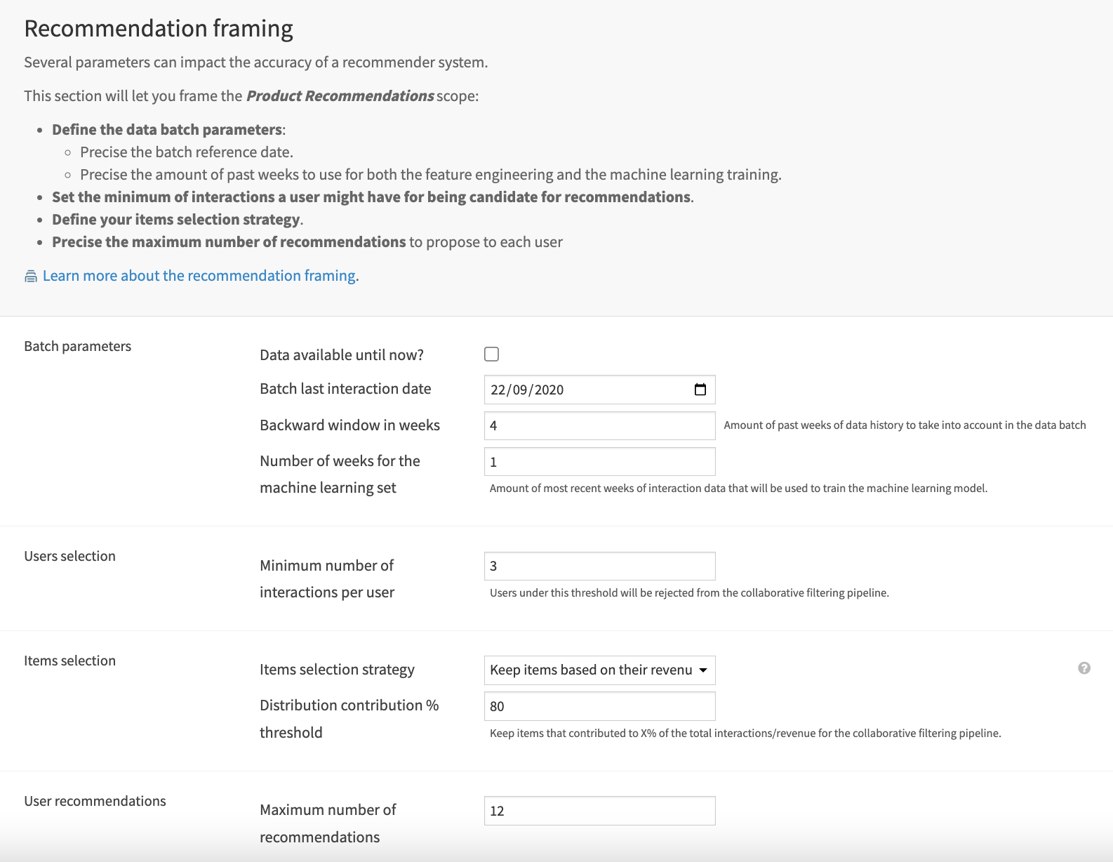 Dataiku screenshot of the Recommendation framing section of the Product Recommendation App