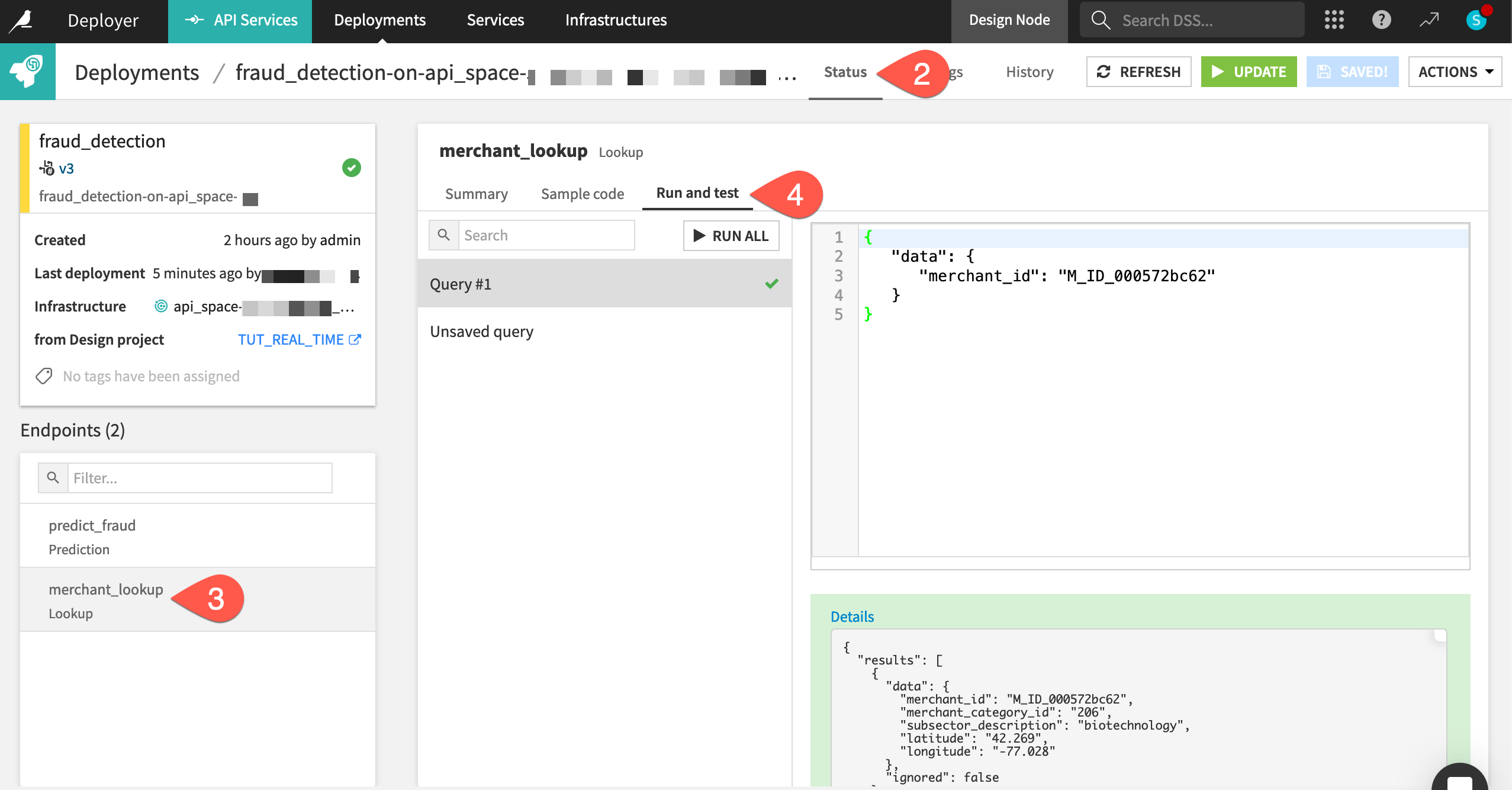 Dataiku screenshot of an API service including a dataset lookup endpoint.