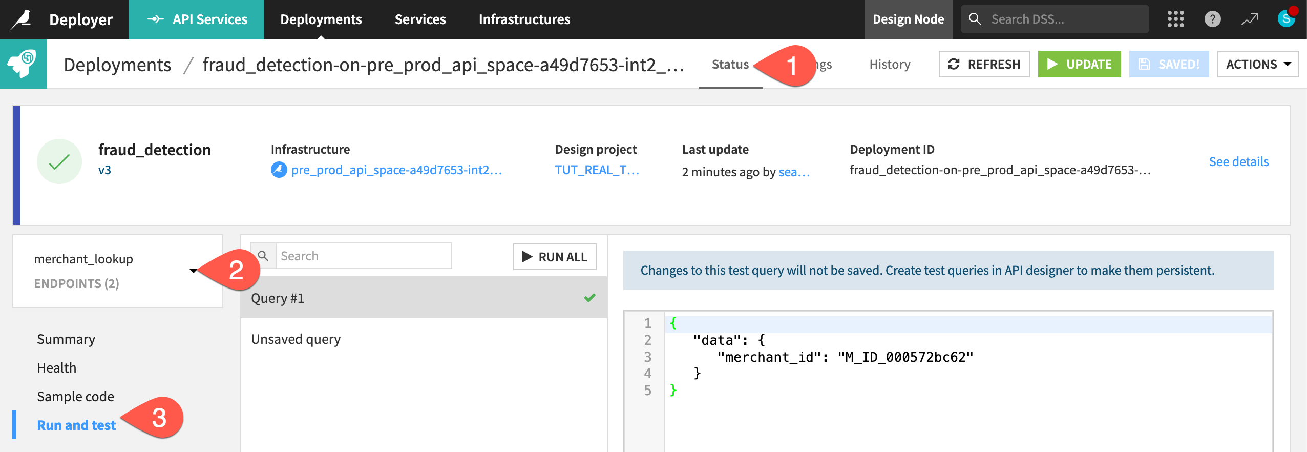 Dataiku screenshot of an API service including a dataset lookup endpoint.