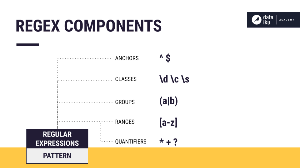 Slide depicting common components in a regular expression.