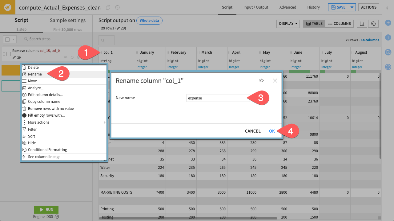 Dataiku screenshot showing the steps to rename a column.