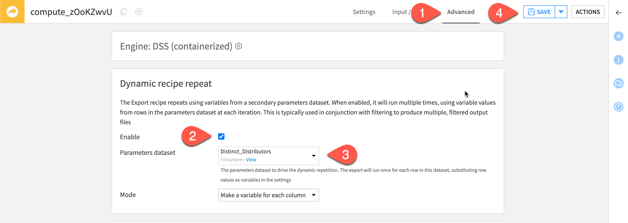 Dataiku screenshot of the distinct visual recipe.