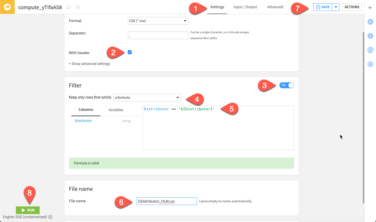 Dataiku screenshot of the recipe parameters.