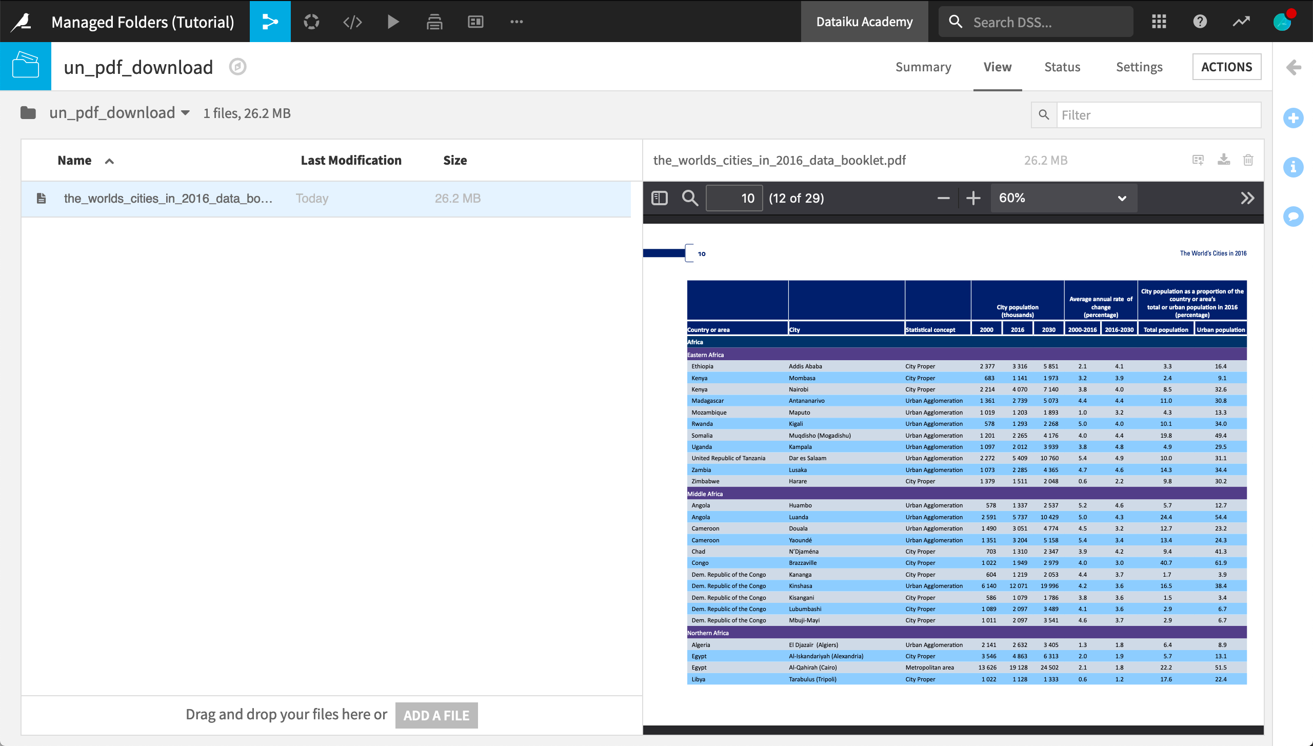 Dataiku screenshot of the uploaded PDF in a managed folder.